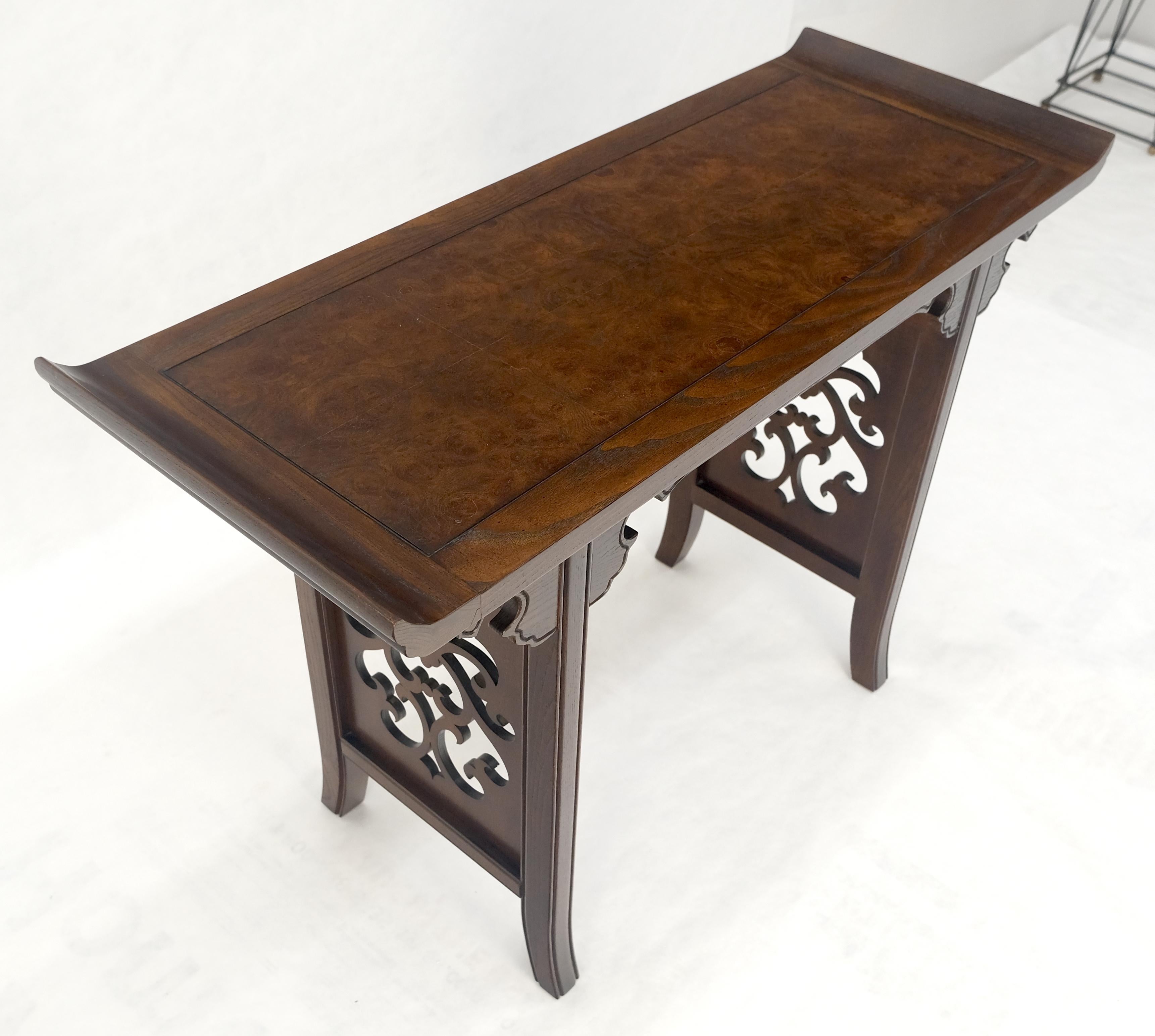 Baker Solid Walnut Pierced Carved Legs Rolled Edge Asian Console Sofa Table MINT For Sale 7
