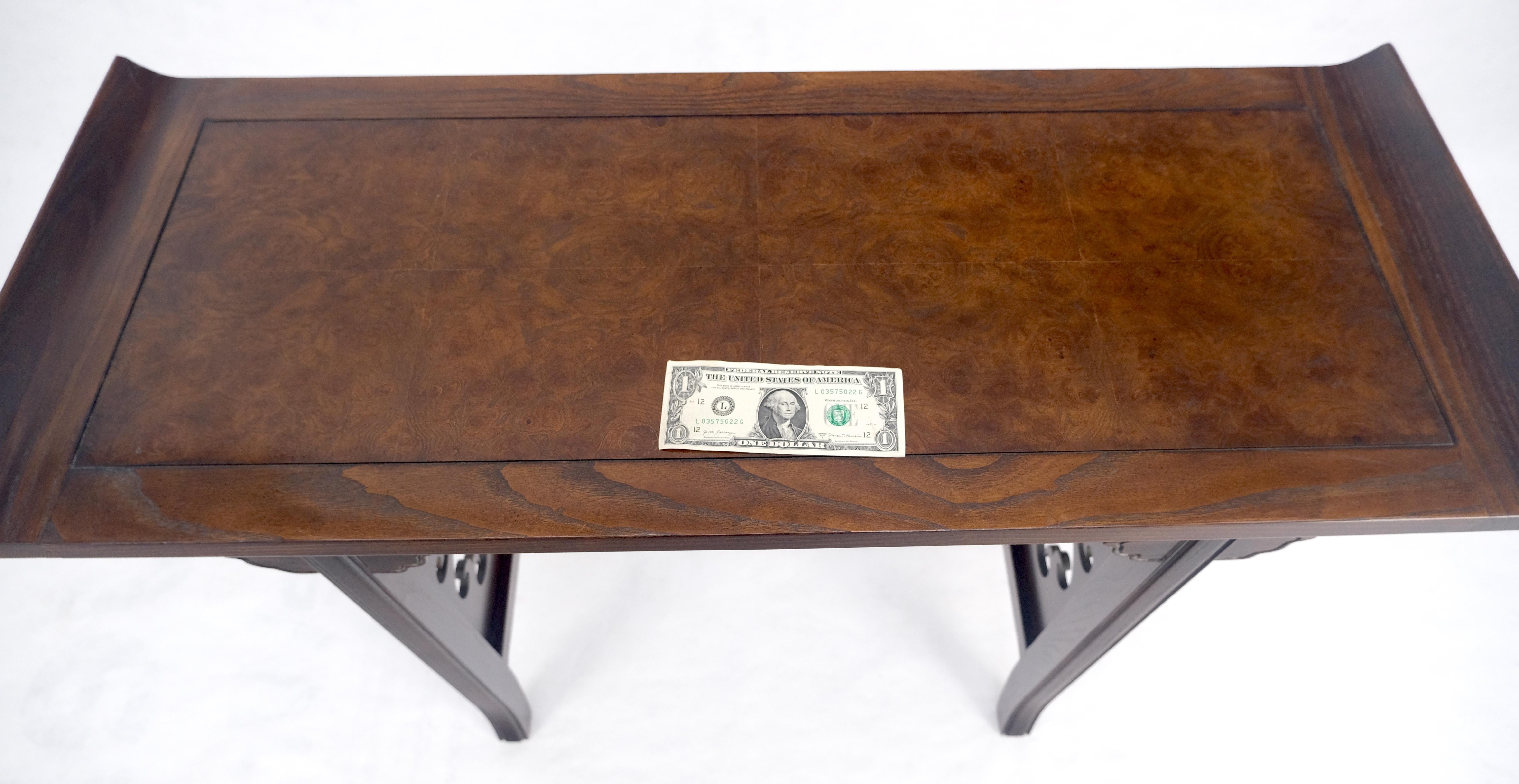 Baker Solid Walnut Pierced Carved Legs Rolled Edge Asian Console Sofa Table MINT For Sale 9