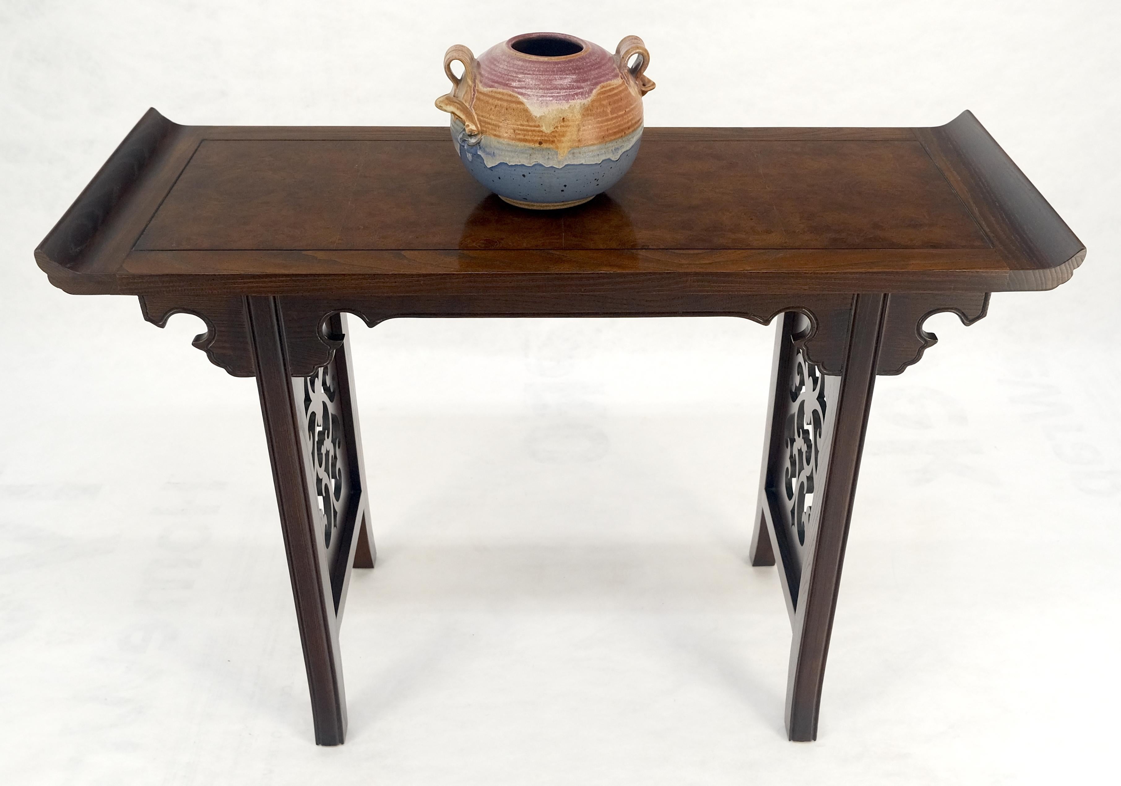 Baker Solid Walnut Pierced Carved Legs Rolled Edge Asian Console Sofa Table MINT For Sale 3
