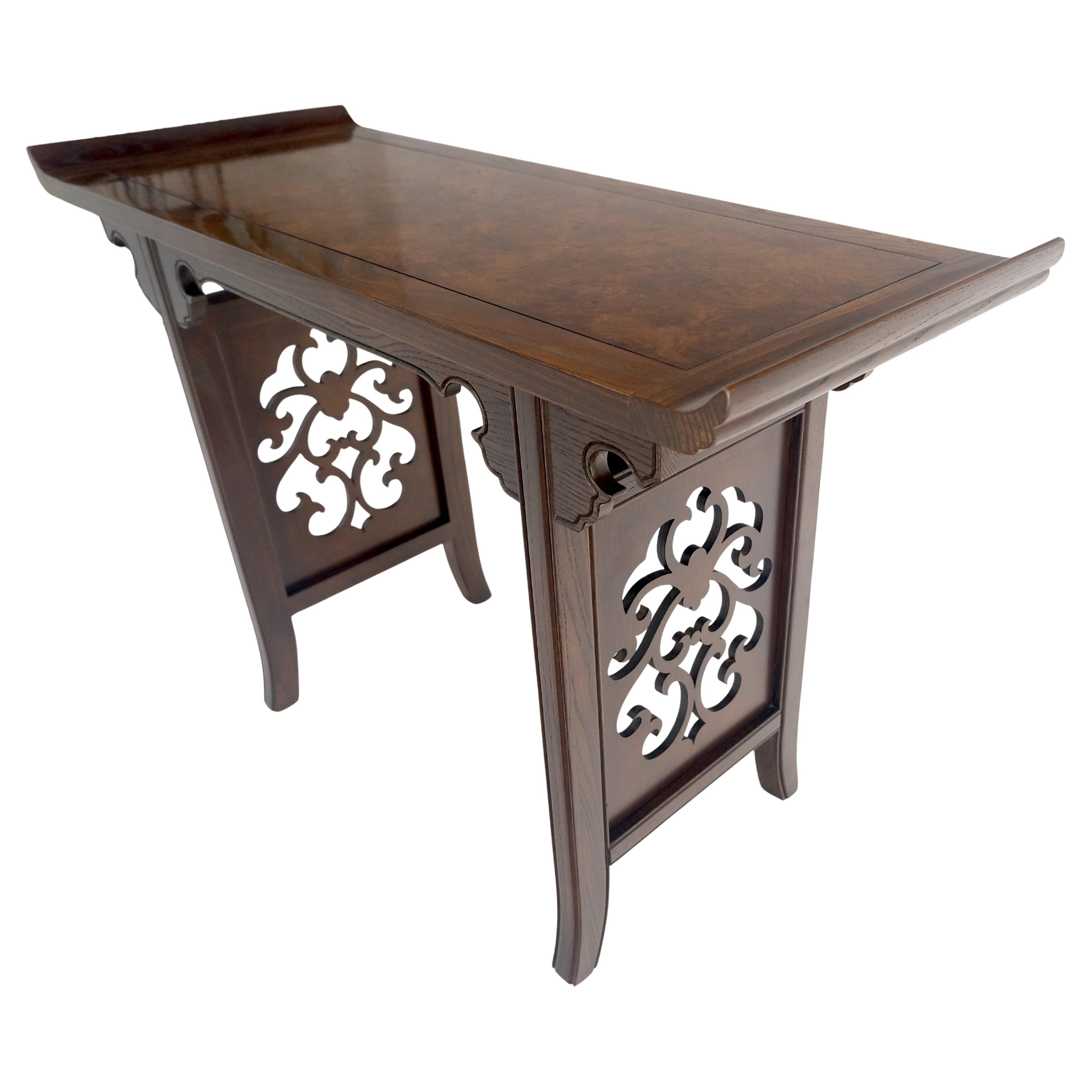 Baker Solid Walnut Pierced Carved Legs Rolled Edge Asian Console Sofa Table MINT For Sale