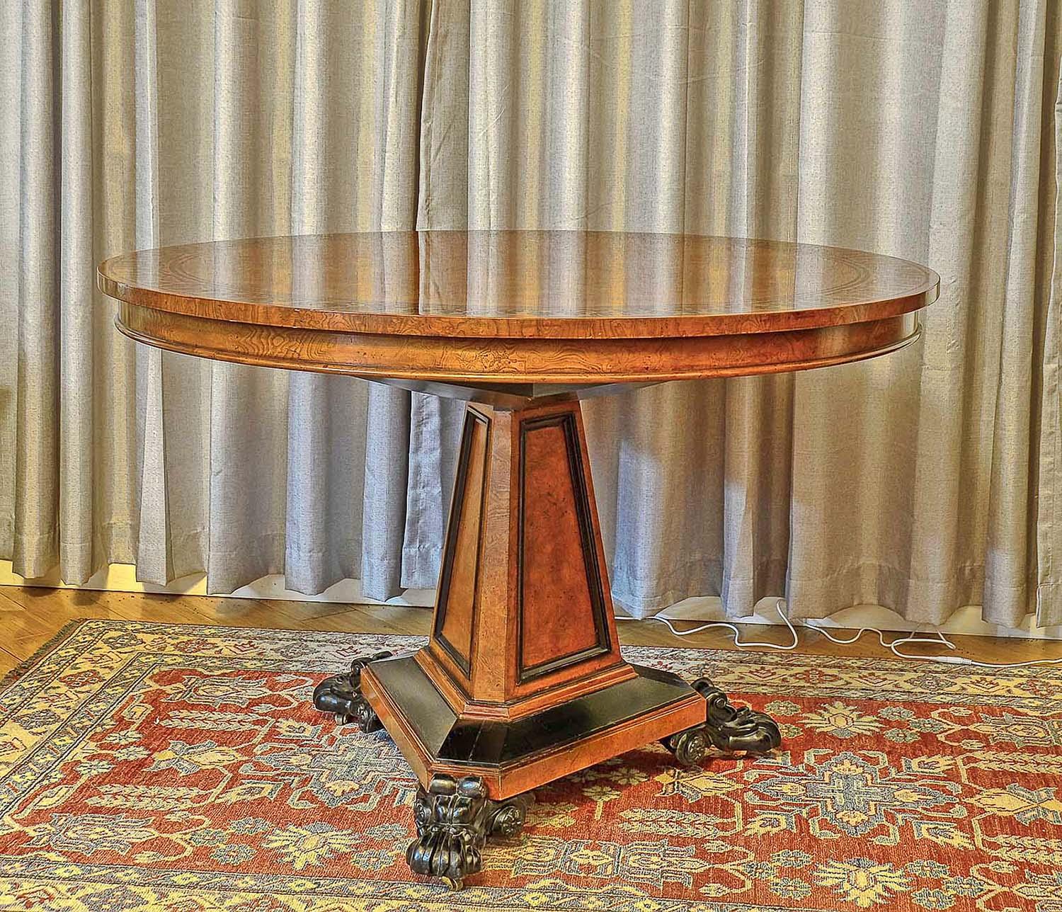 American Baker Stately Homes Burled Ash and Ebony Inlaid Regency Center Breakfast Table