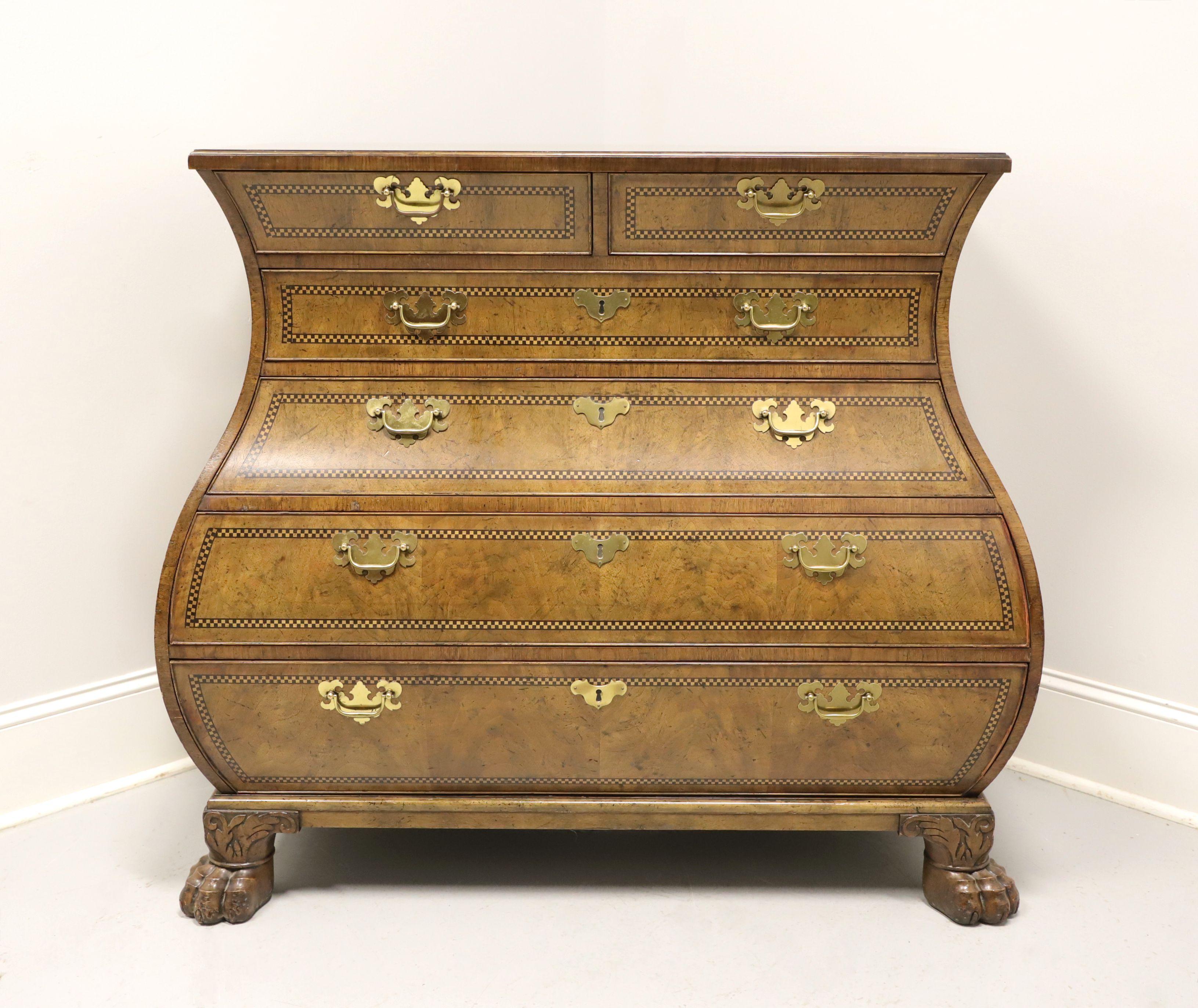 American BAKER Stately Homes George II Inlaid Walnut Bombe Commode Chest For Sale