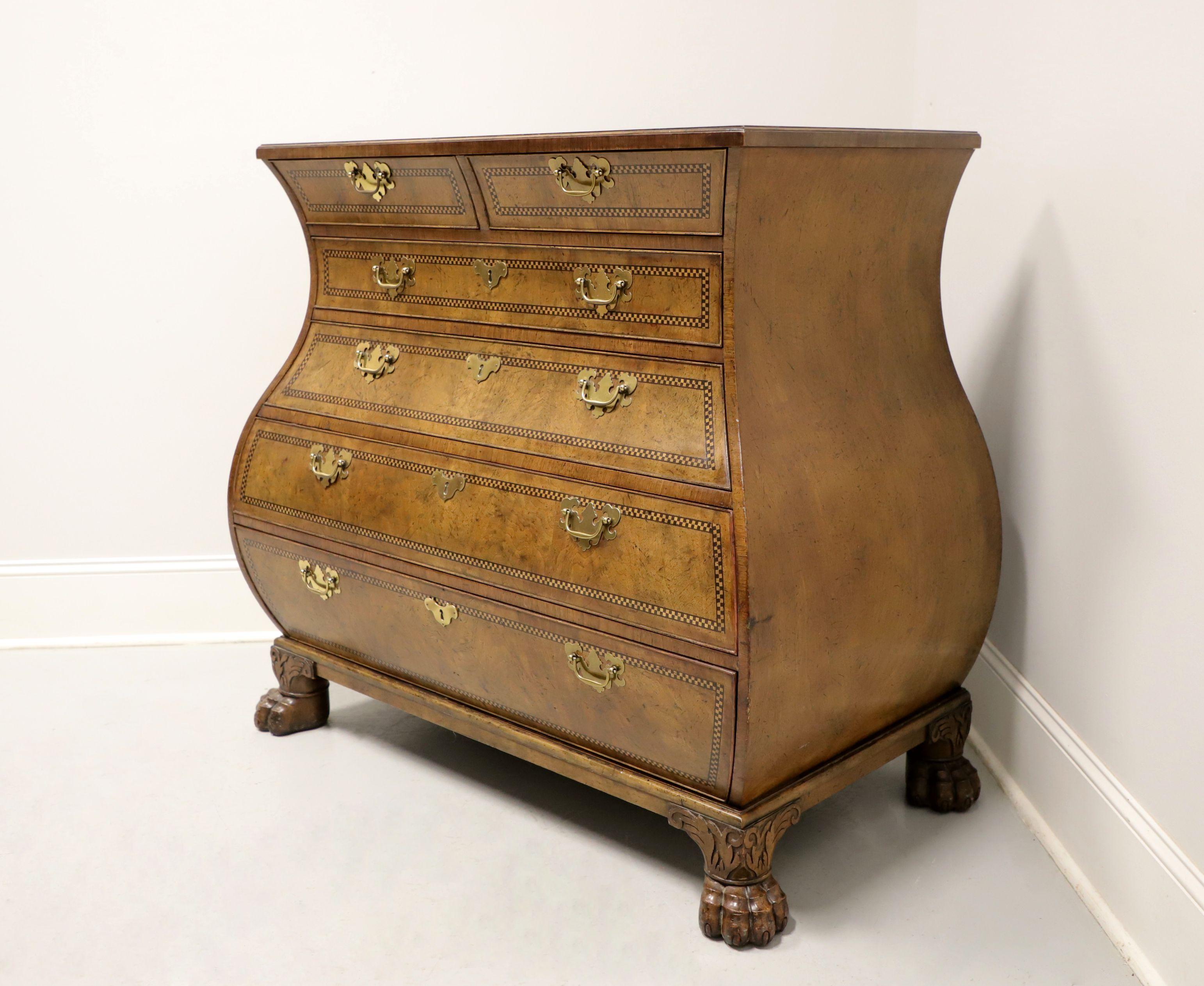 BAKER Stately Homes George II Inlaid Walnut Bombe Commode Chest In Good Condition For Sale In Charlotte, NC