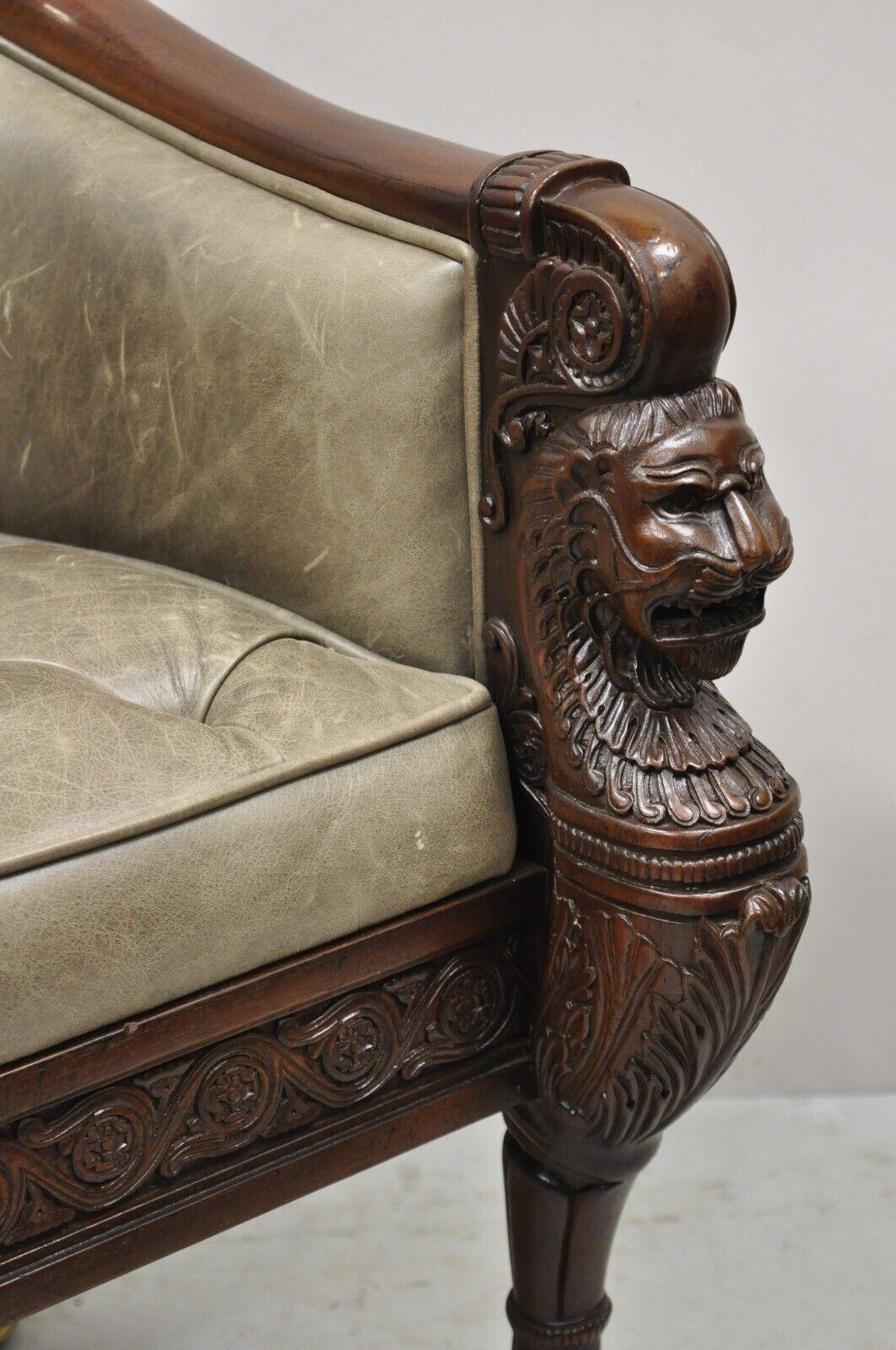 Baker Stately Homes Grey Leather Lions Head Pull Up Tub Chair Club Chair In Good Condition For Sale In Philadelphia, PA