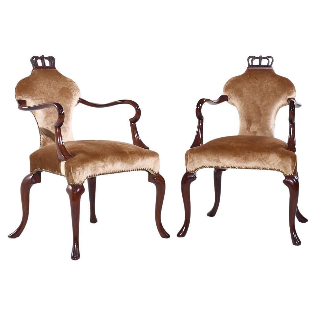 Baker Stately Homes Queen Anne Crown Chairs - Pair

Each chair measures: 23.75 wide x 27 deep x 37.25 inches high, with a seat height of 19.5 and arm height/chair clearance of 28.5 inches

We take our photos in a controlled lighting studio to show