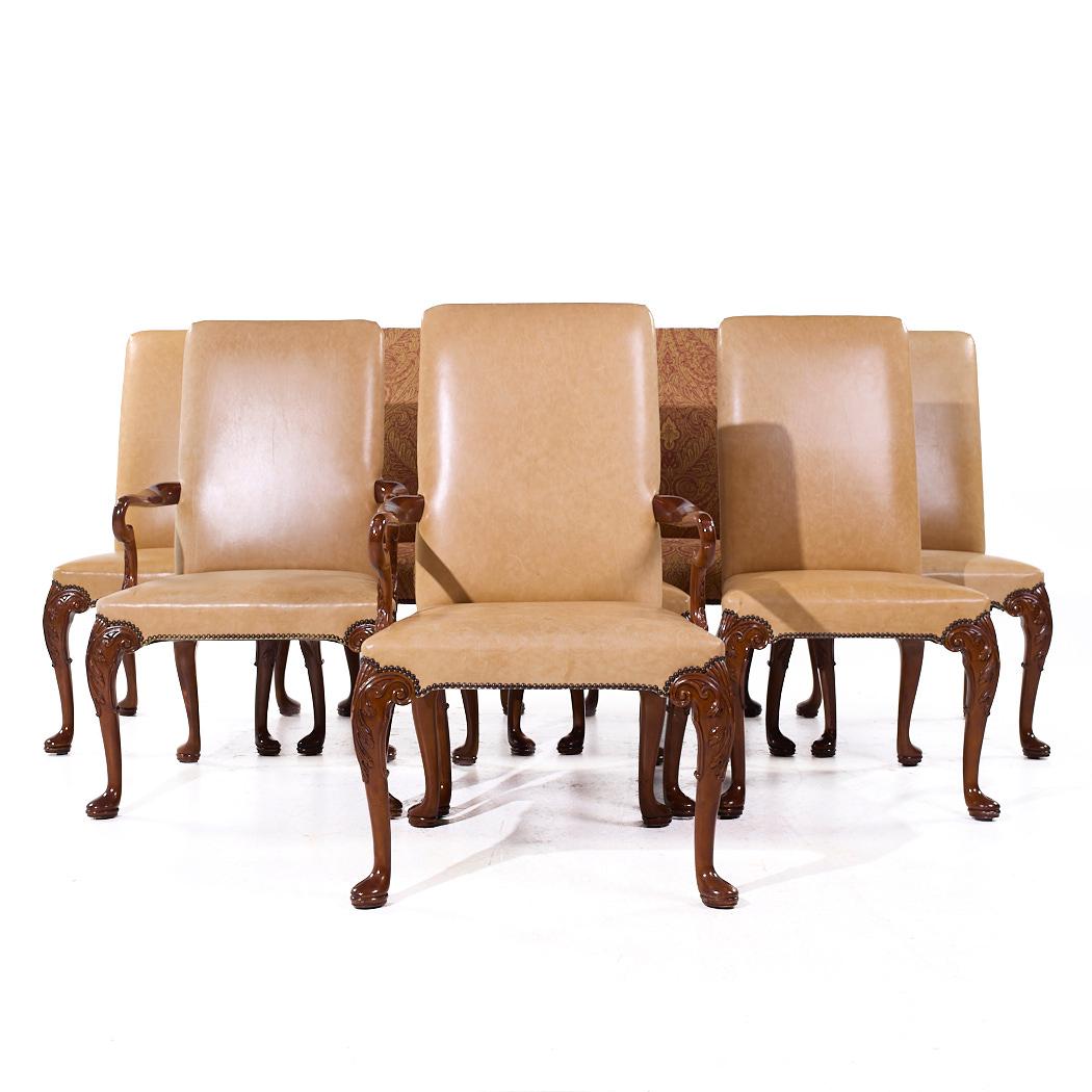 Baker Furniture Stately Homes Queen Anne Walnut and Leather/Upholstery Dining Chairs - Set of 8

Each armless chair measures: 22 wide x 25.5 deep x 41.5 high, with a seat height of 18.5 inches
Each captains chair measures: 25 wide x 27 deep x 41.5