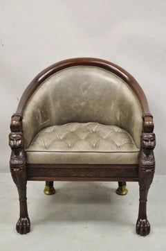 Baker Stately Homes Regency Style Grey Leather Lions Head Pull Up Tub Club Chair