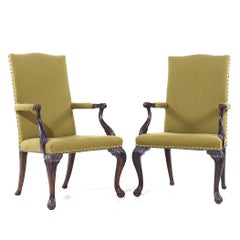 Baker Stately Homes Style Carved Mahogany Lounge Arm Chairs - Pair