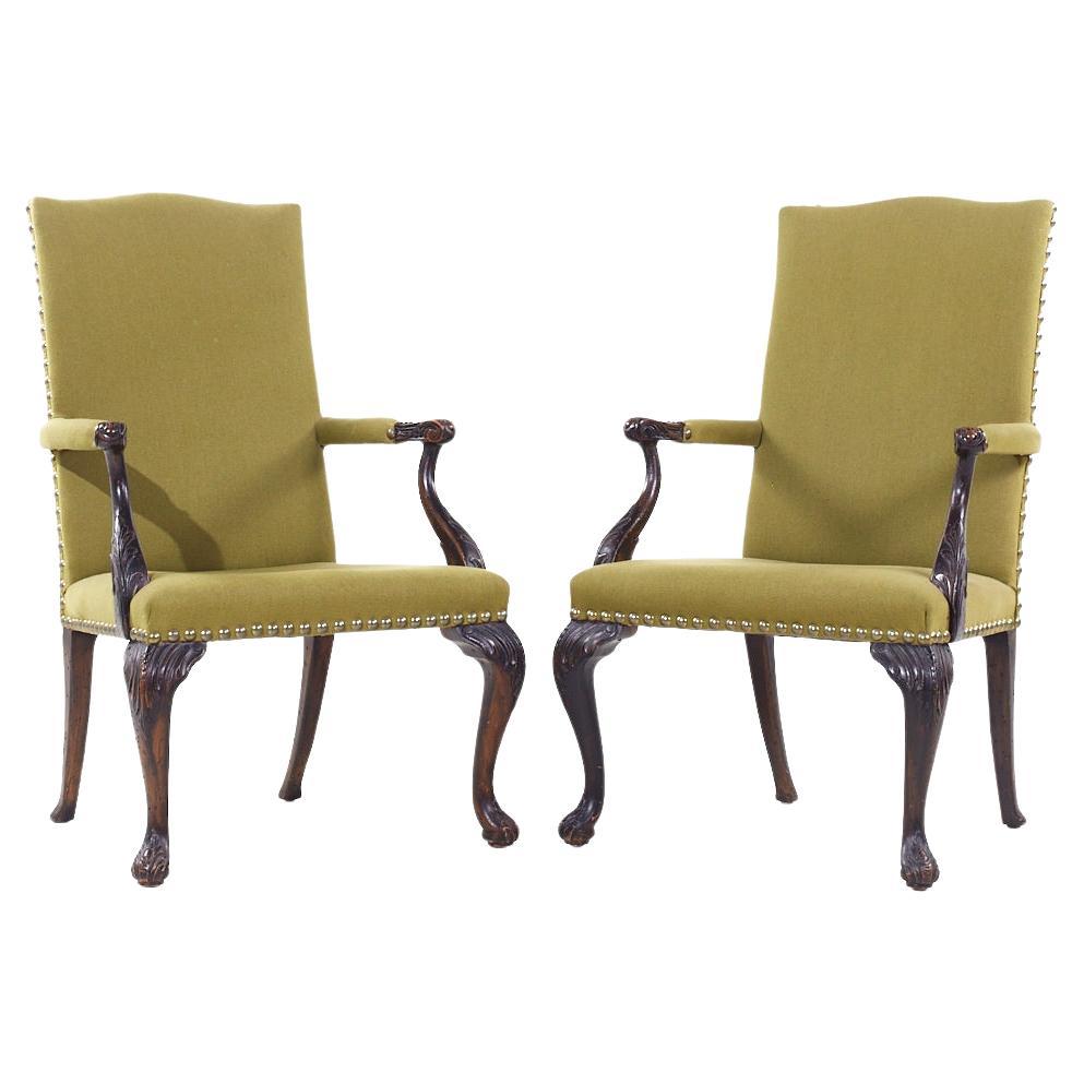 Baker Stately Homes Style Carved Mahogany Lounge Arm Chairs - Pair