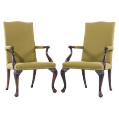 Baker Stately Homes Style Carved Mahogany Lounge Arm Chairs - Pair