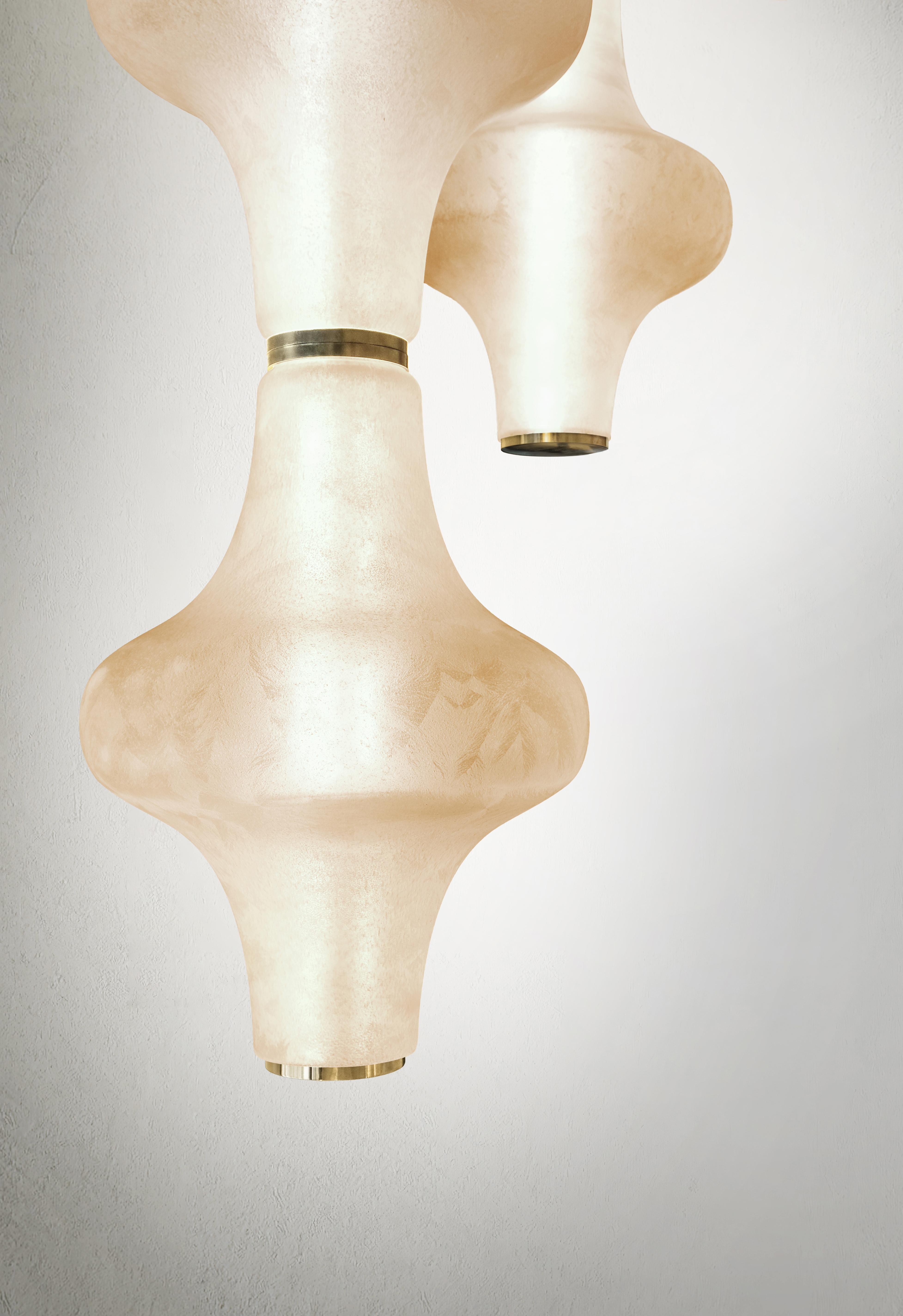 Art Deco Baker Street Muse 3-lights Chandelier in Raw brass & Acid-Etched Murano Glass For Sale