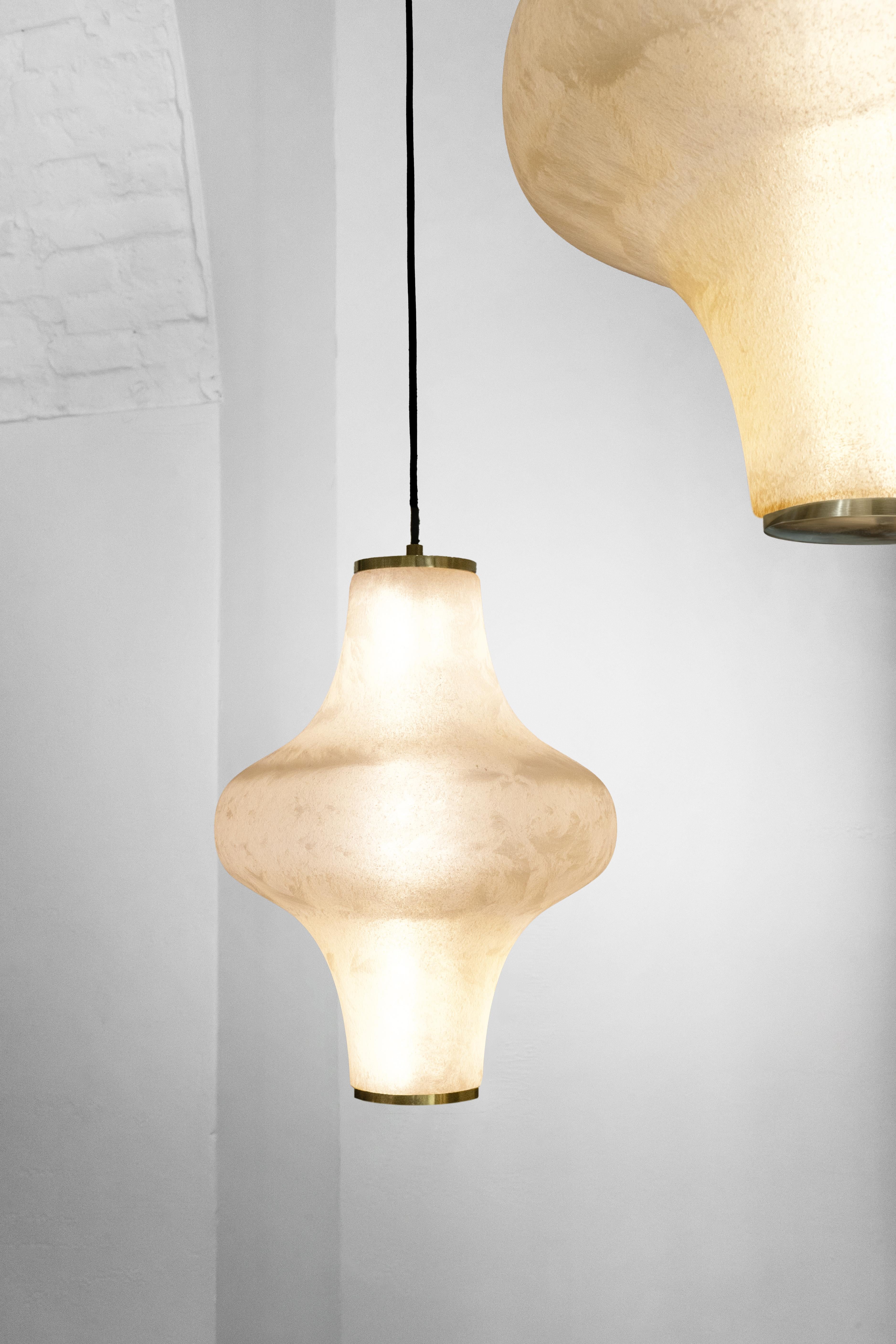 Art Deco Baker Street Muse Pendant Lamp in Solid Brass & Acid-Etched Murano Glass For Sale