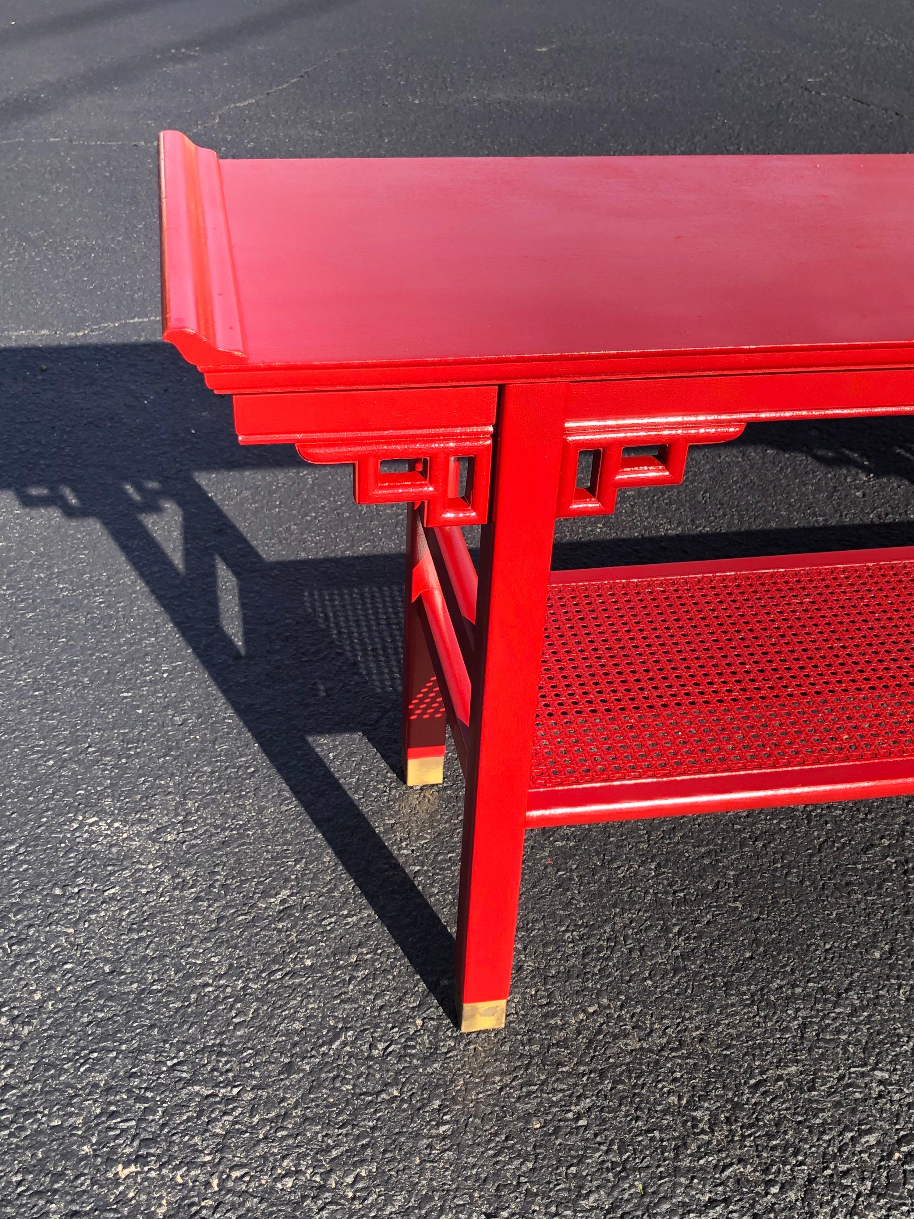 Baker Style Asian Two Tiered Console Table in Red 2