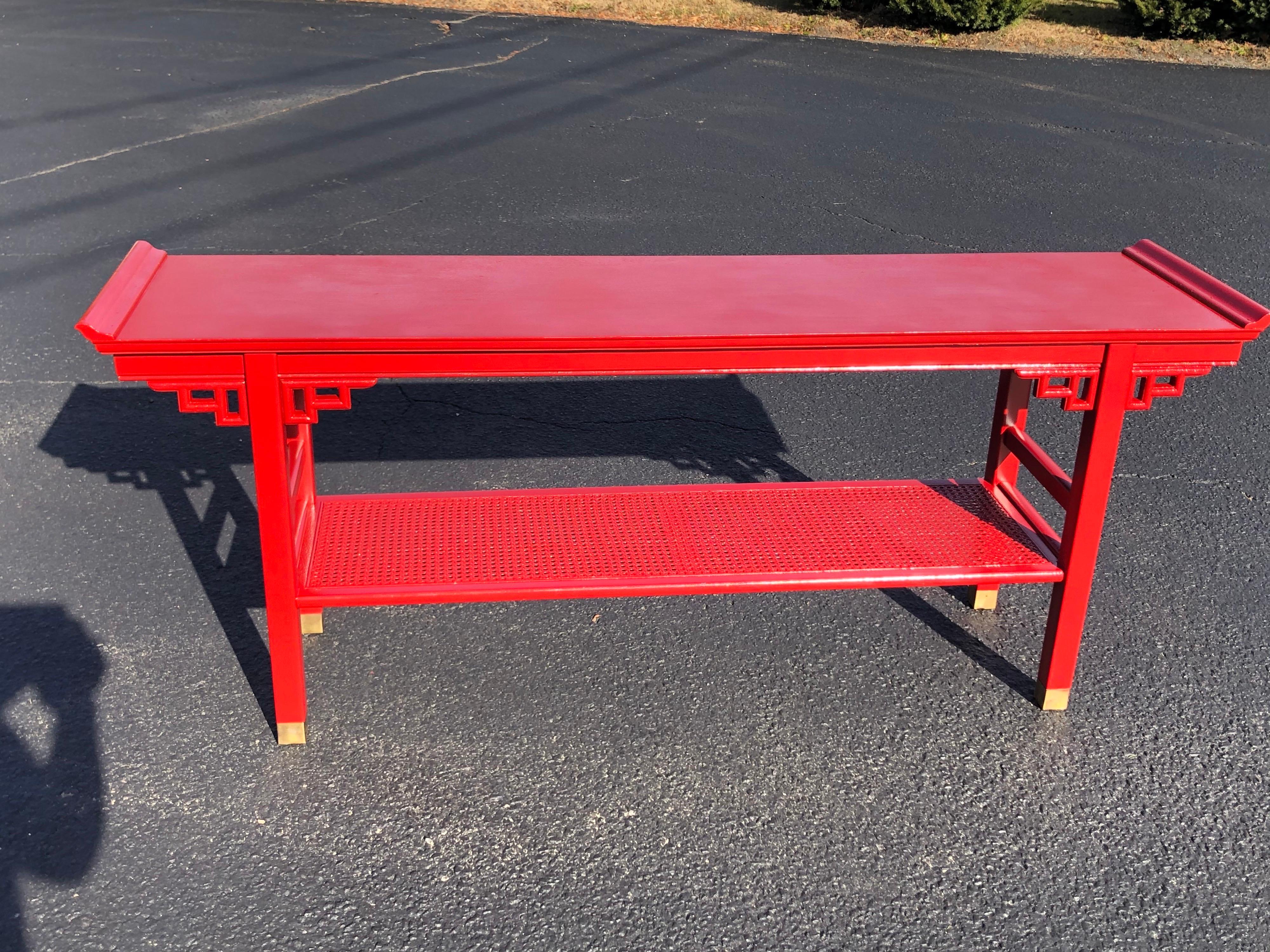 Baker Style Asian Two Tiered Console Table in Red 3