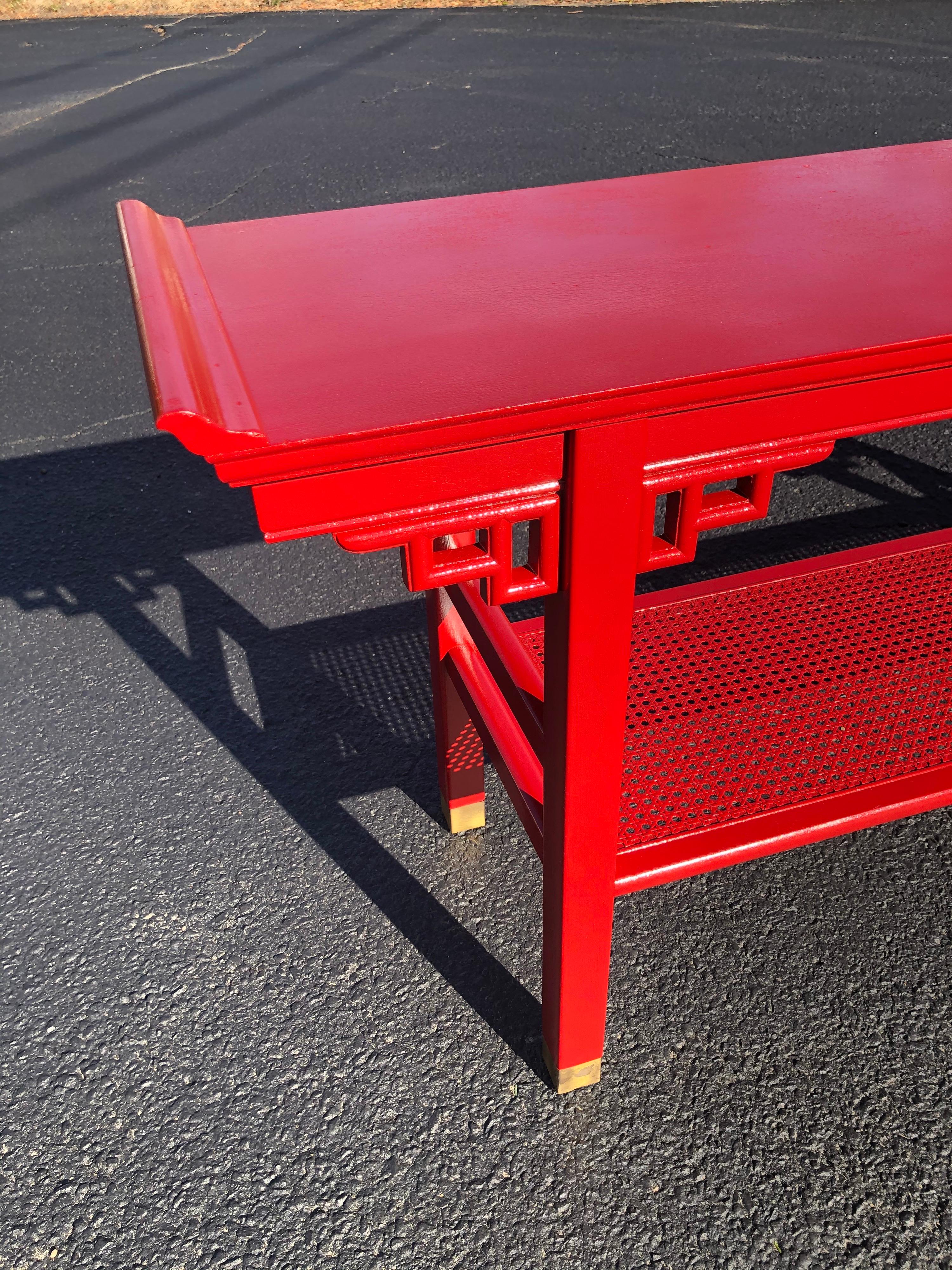 Baker Style Asian Two Tiered Console Table in Red 7