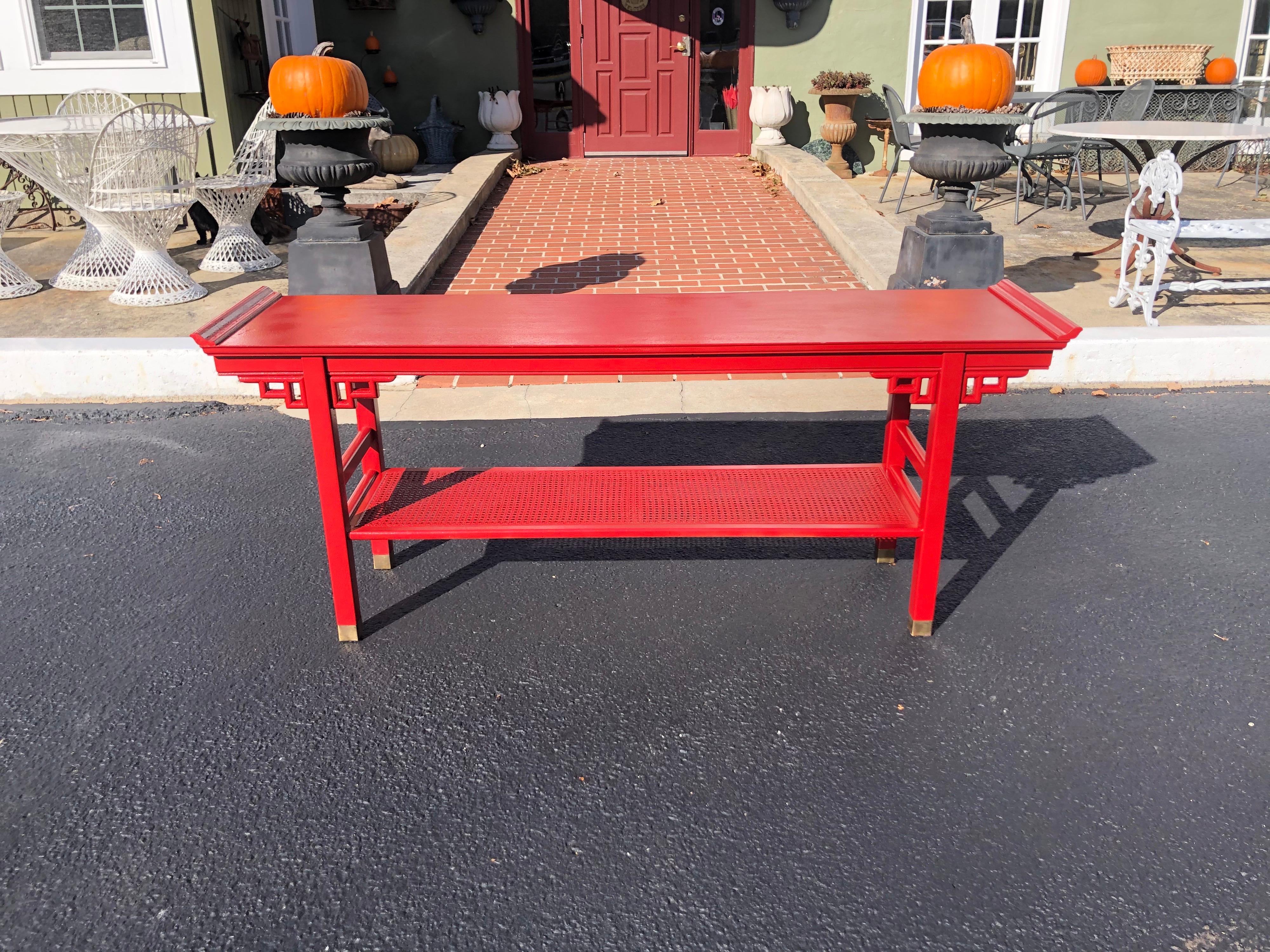 Baker Style Asian Two Tiered Console Table in Red 9