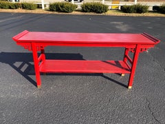 Baker Style Asian Two Tiered Console Table in Red