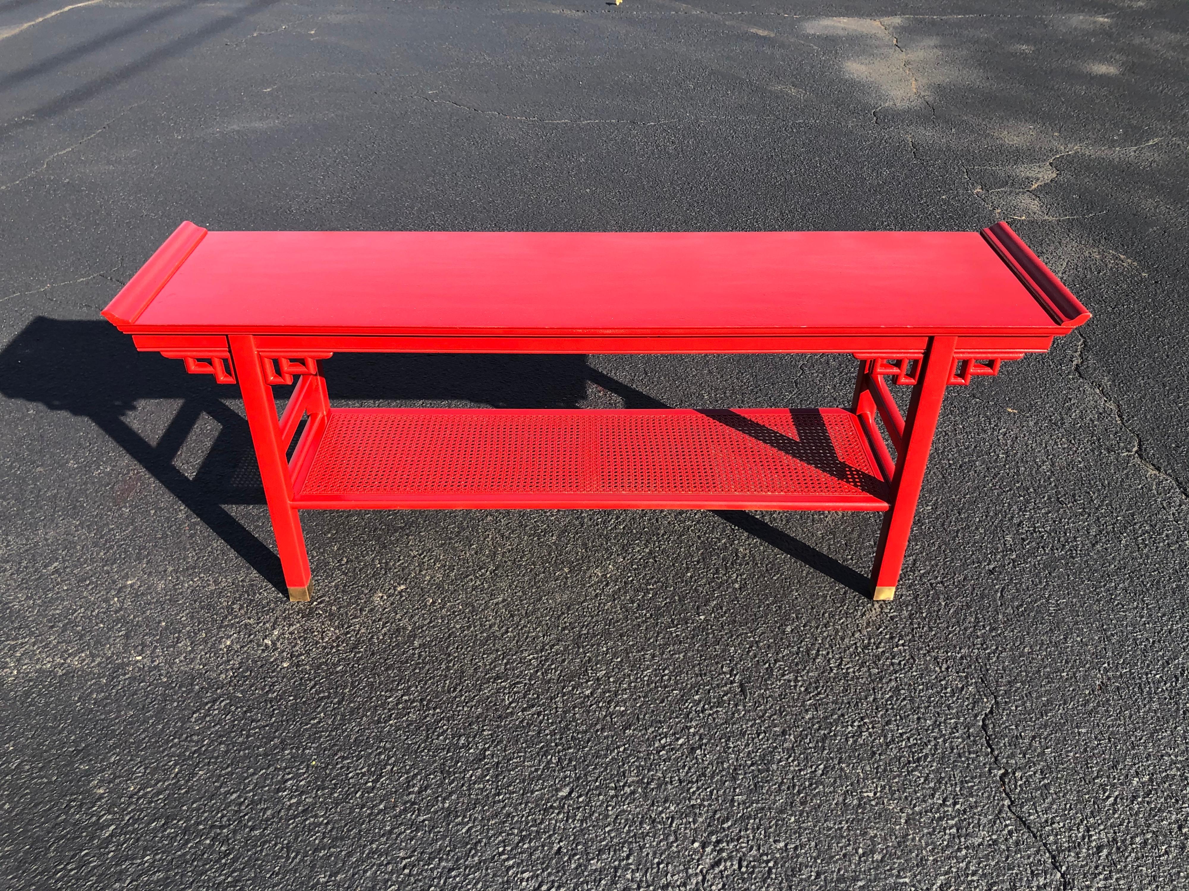 Hollywood Regency Baker Style Asian Two Tiered Console Table in Red
