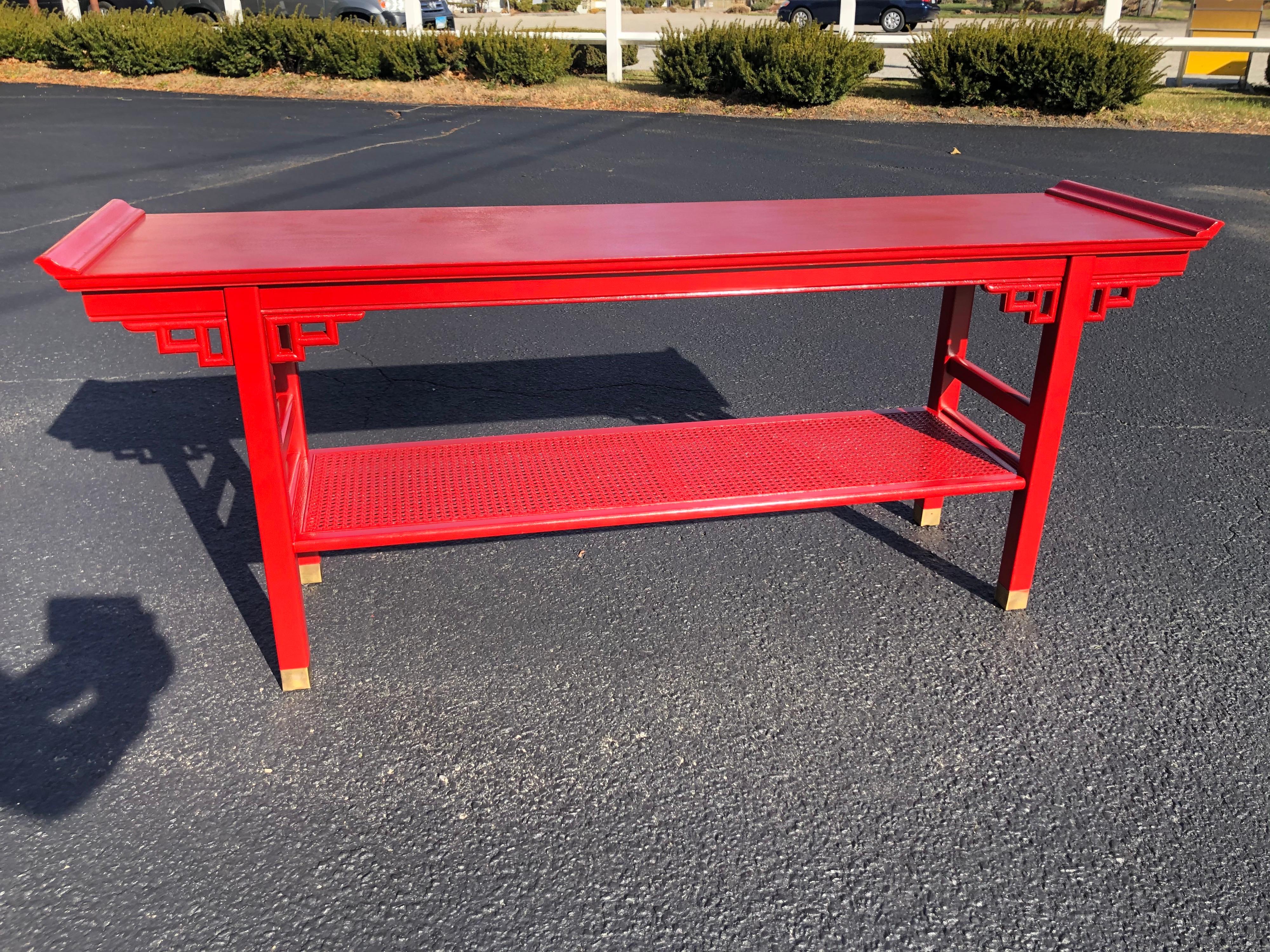 Baker Style Asian Two Tiered Console Table in Red In Good Condition In Redding, CT