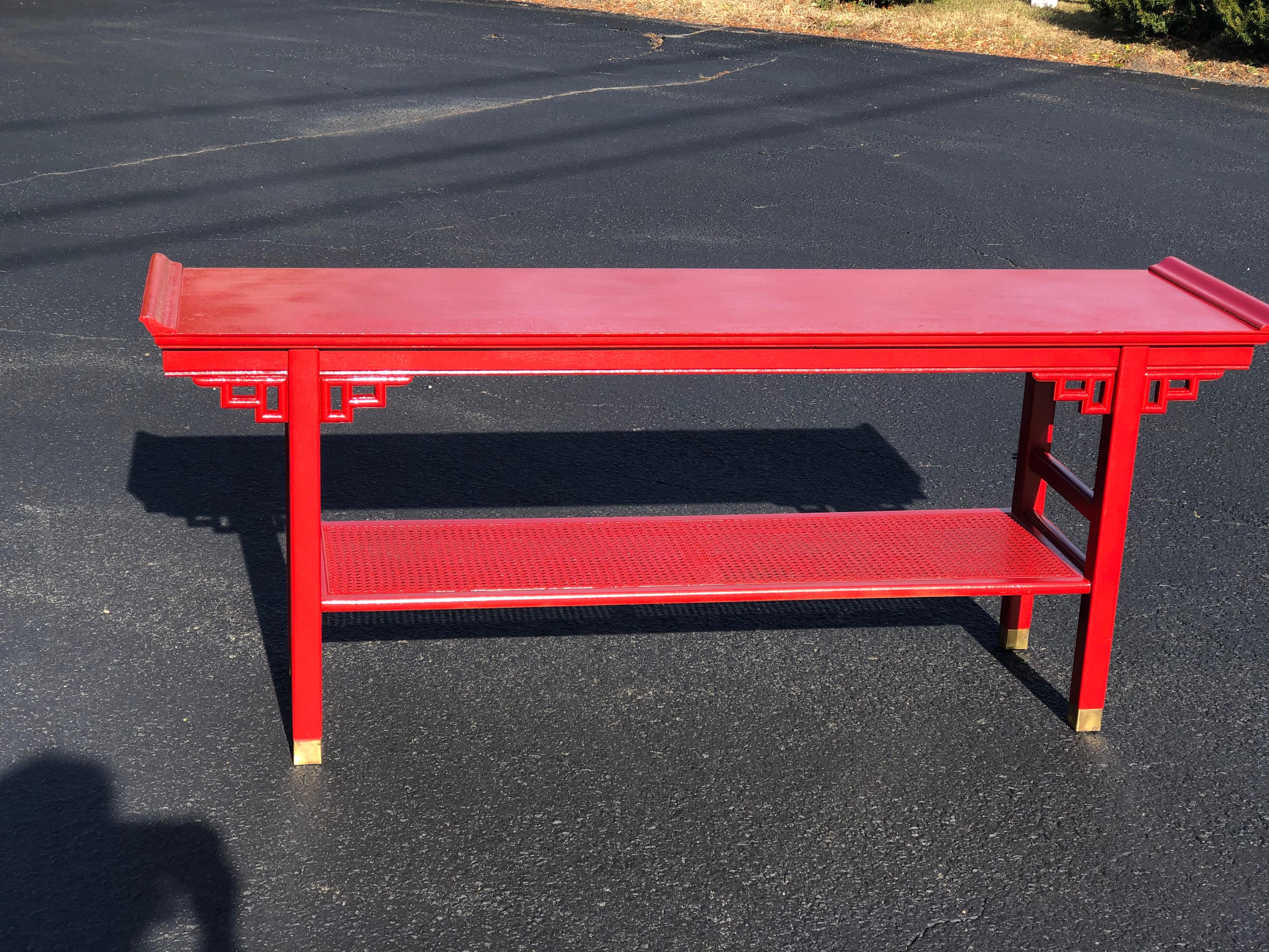 Late 20th Century Baker Style Asian Two Tiered Console Table in Red