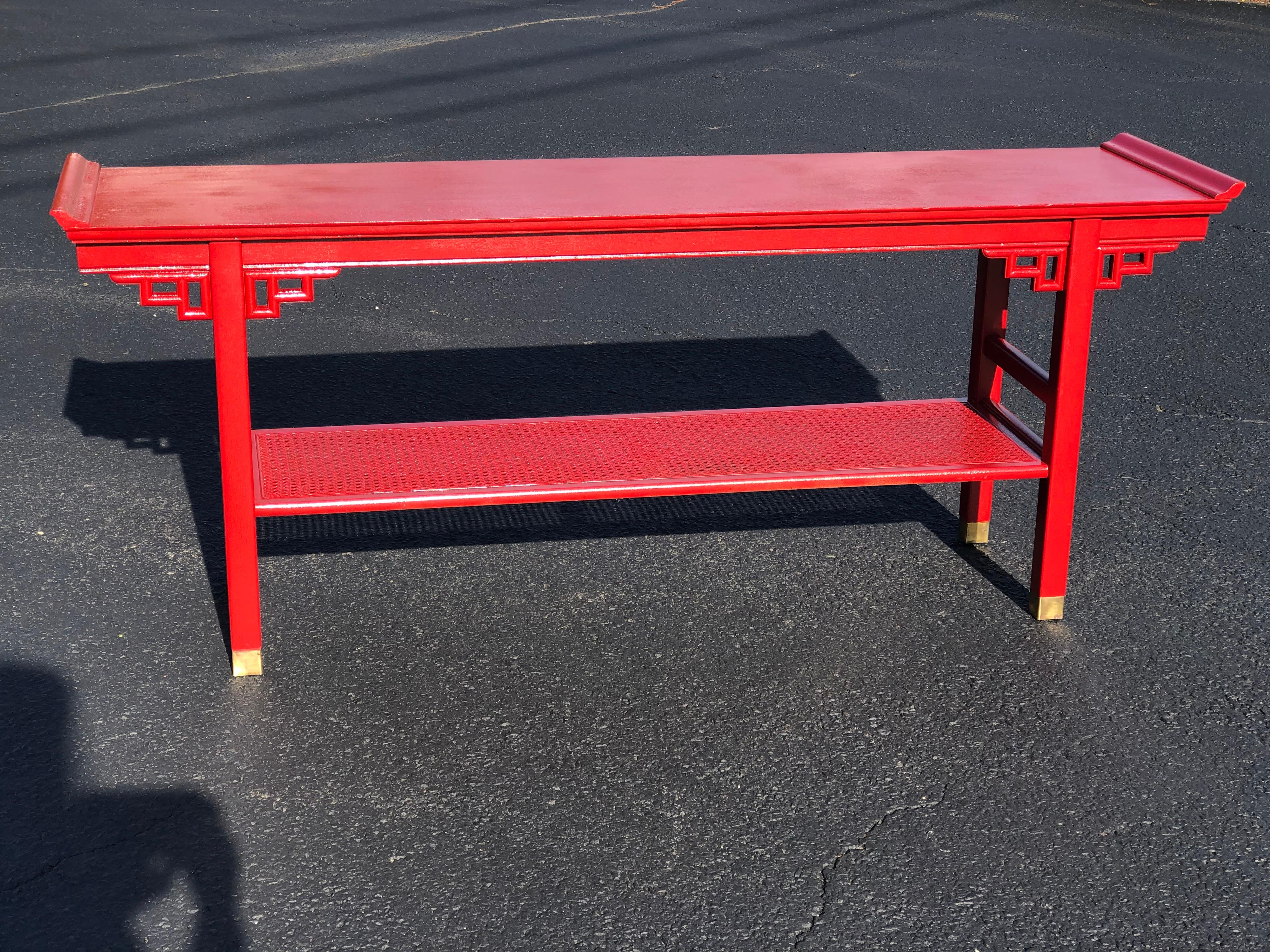 Cane Baker Style Asian Two Tiered Console Table in Red