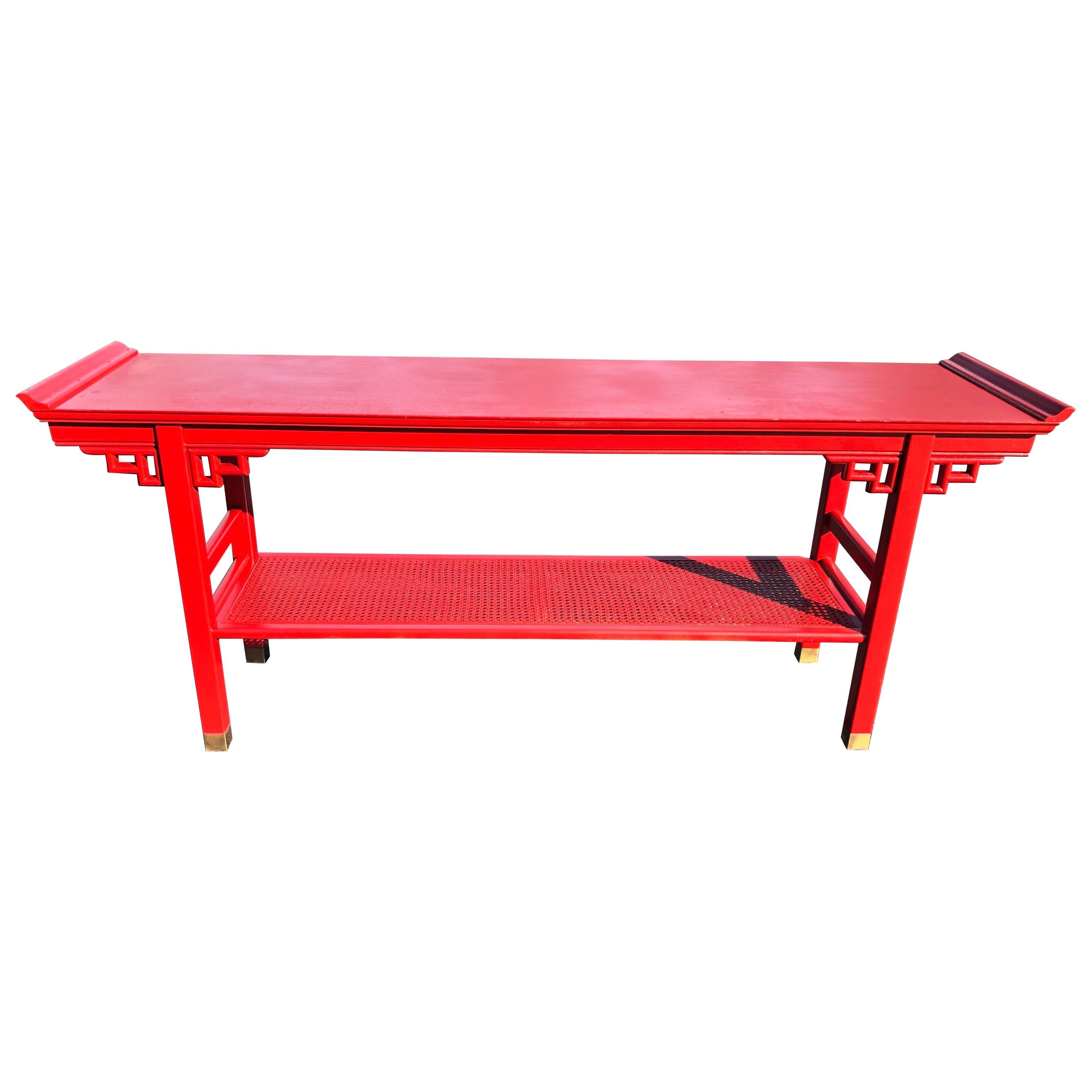 Baker Style Asian Two Tiered Console Table in Red