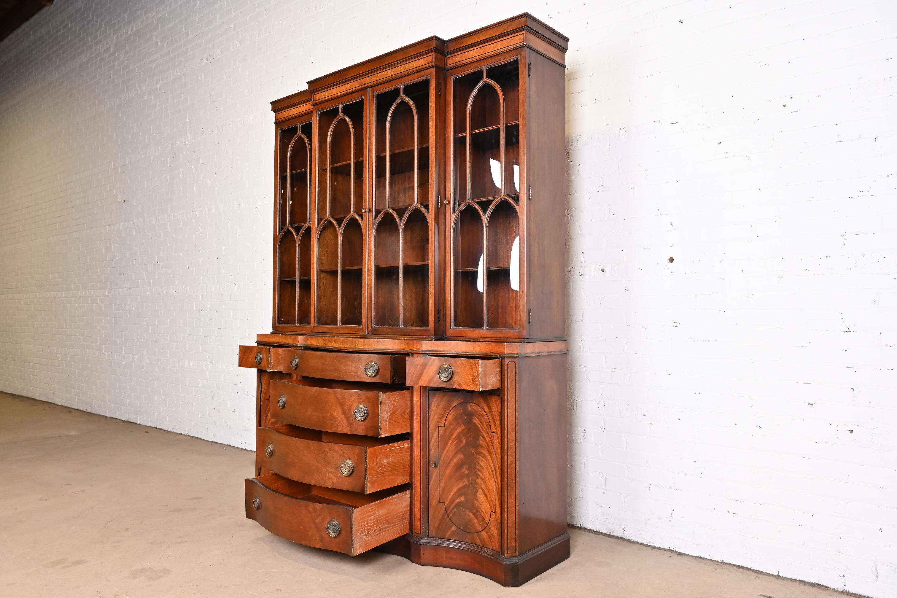 Brass Baker Style Georgian Mahogany Breakfront Bookcase Cabinet with Secretary Desk
