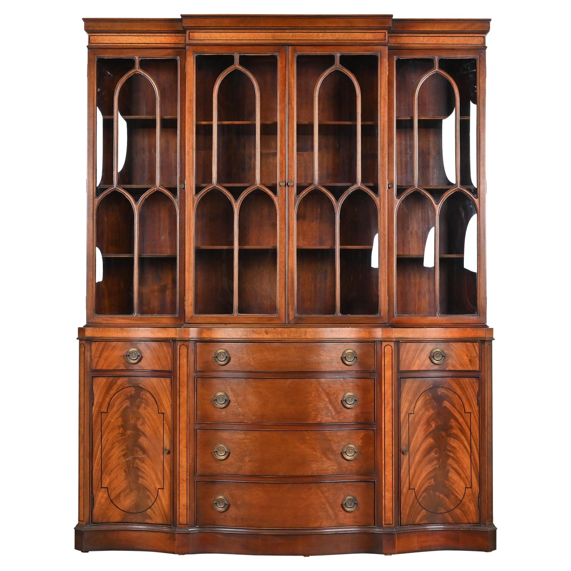 Baker Style Georgian Mahogany Breakfront Bookcase Cabinet with Secretary Desk