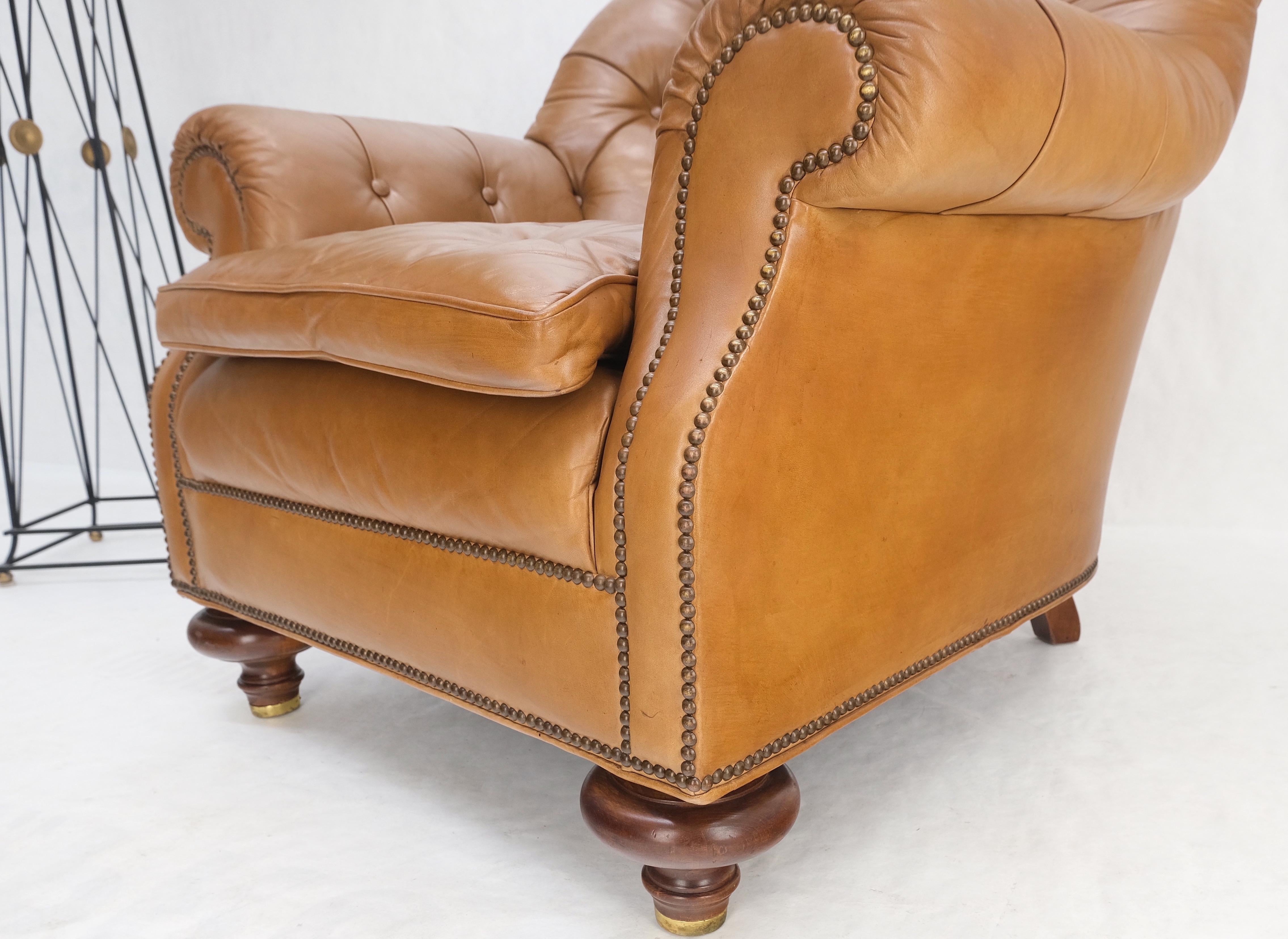 Brass Baker Tan Leather Tufted Back Large Arm Chair w/ Ottoman Pouf Turned Legs MINT! For Sale