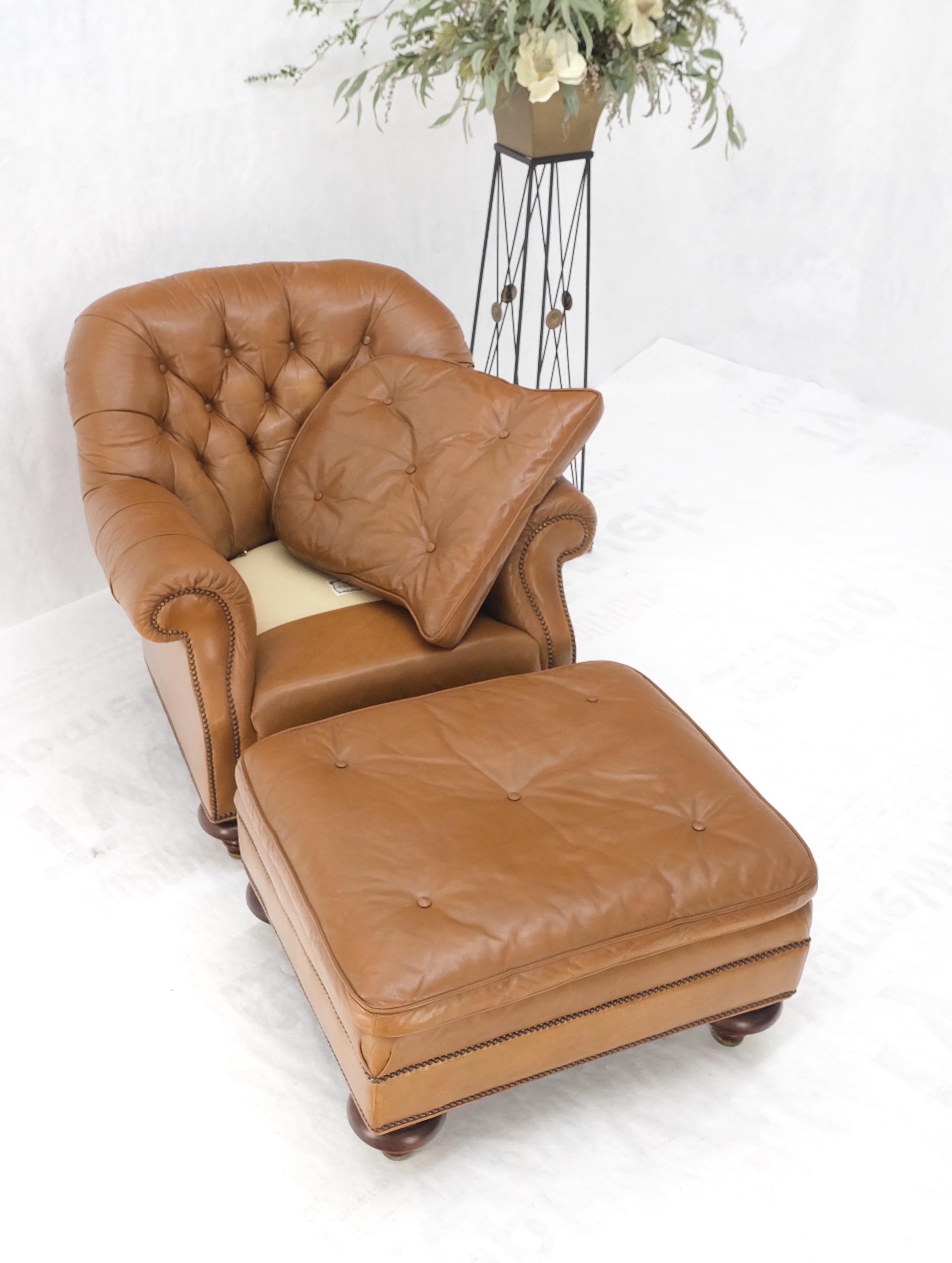 Baker Tan Leather Tufted Back Large Arm Chair w/ Ottoman Pouf Turned Legs MINT! For Sale 1