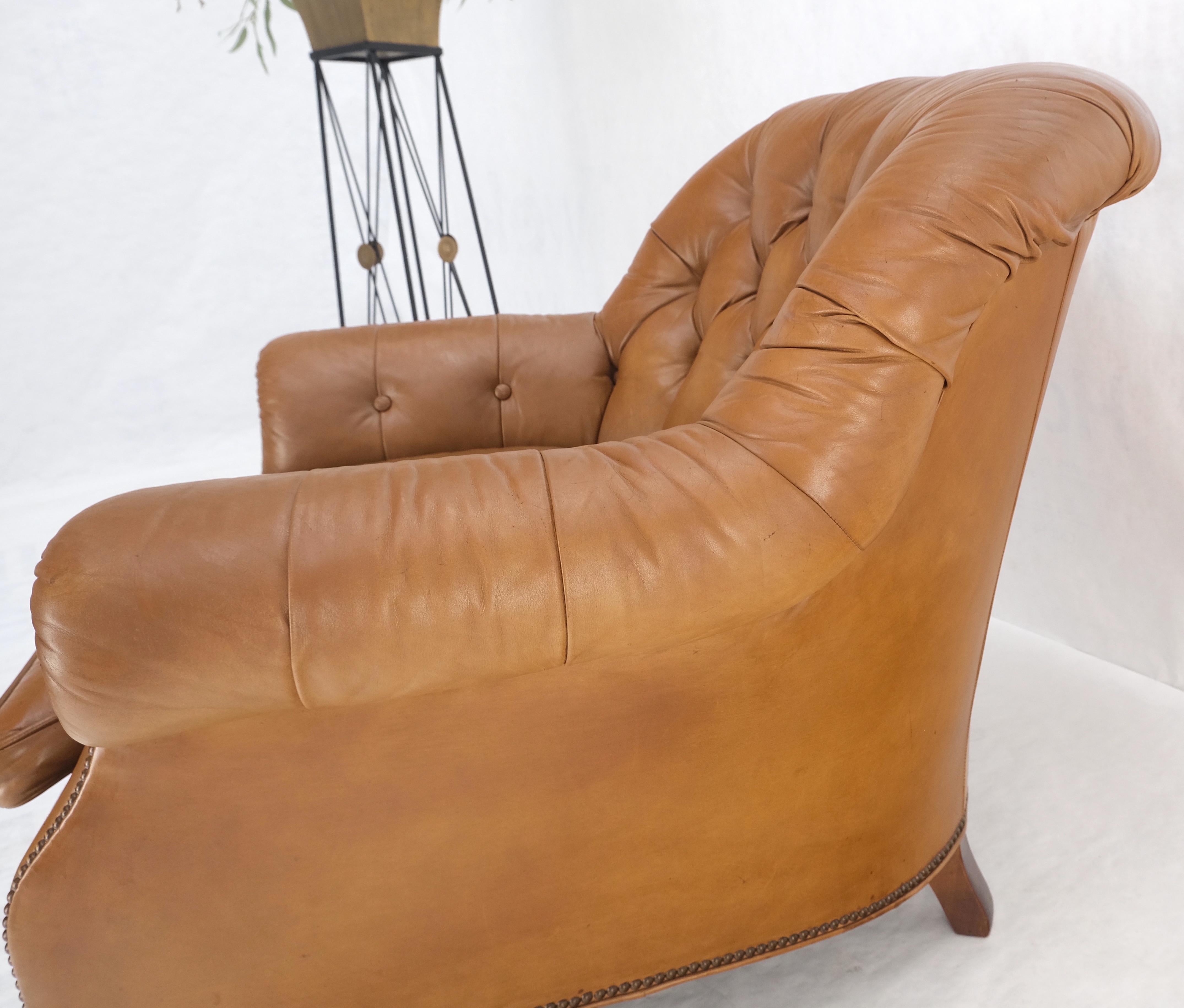 Baker Tan Leather Tufted Back Large Arm Chair w/ Ottoman Pouf Turned Legs MINT! For Sale 2