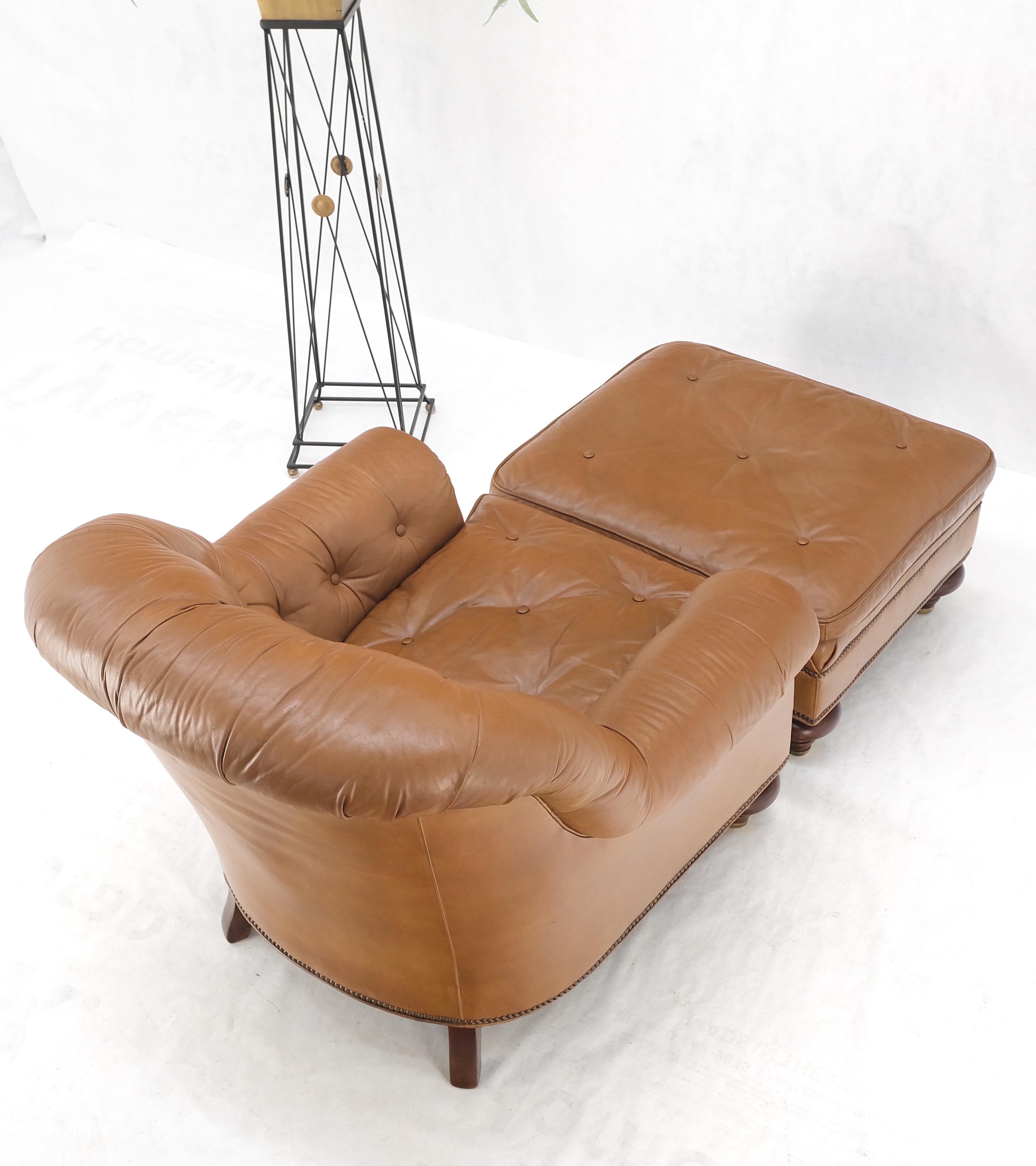 Baker Tan Leather Tufted Back Large Arm Chair w/ Ottoman Pouf Turned Legs MINT! For Sale 3