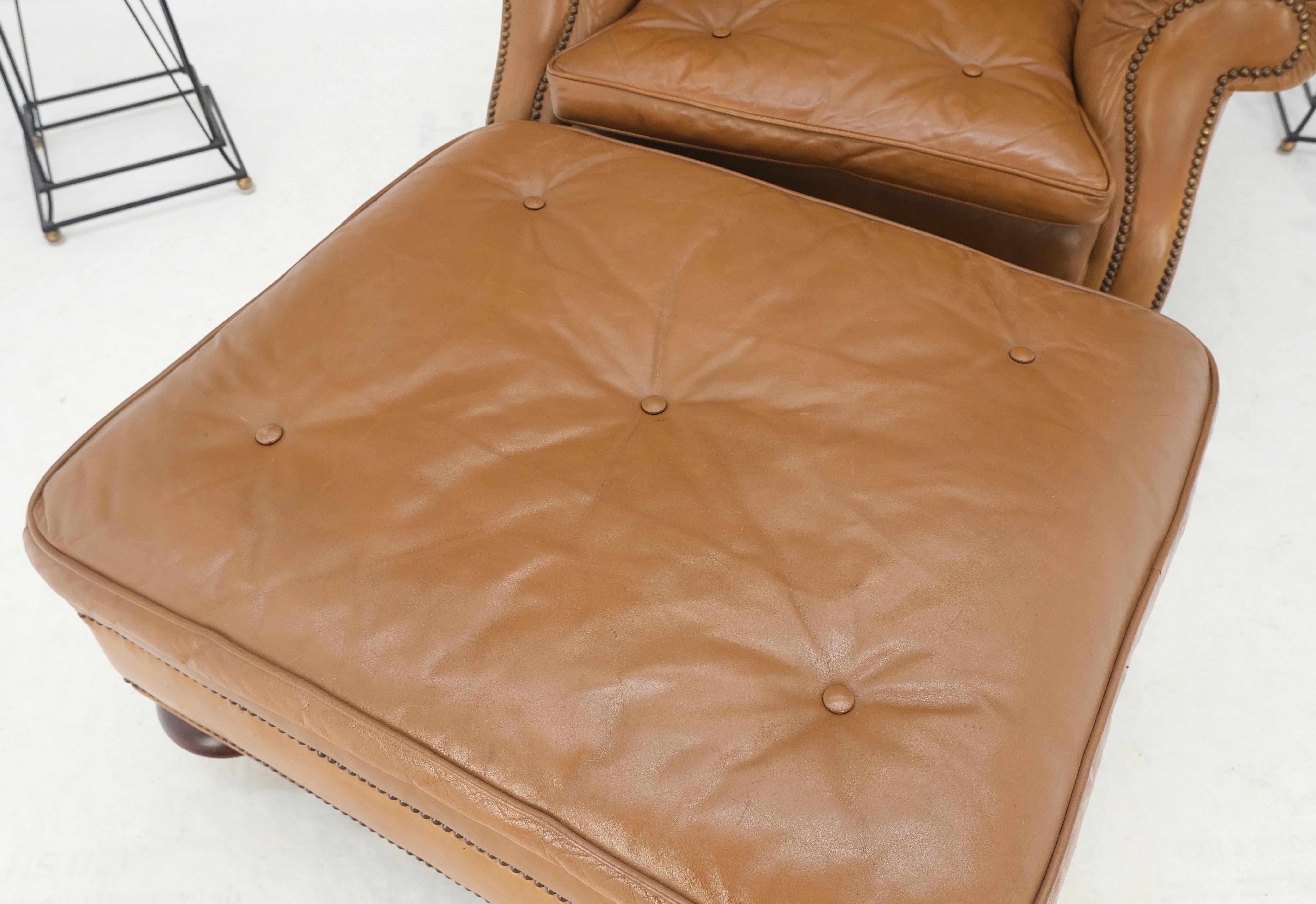 Baker Tan Leather Tufted Back Large Arm Chair w/ Ottoman Pouf Turned Legs MINT! For Sale 8