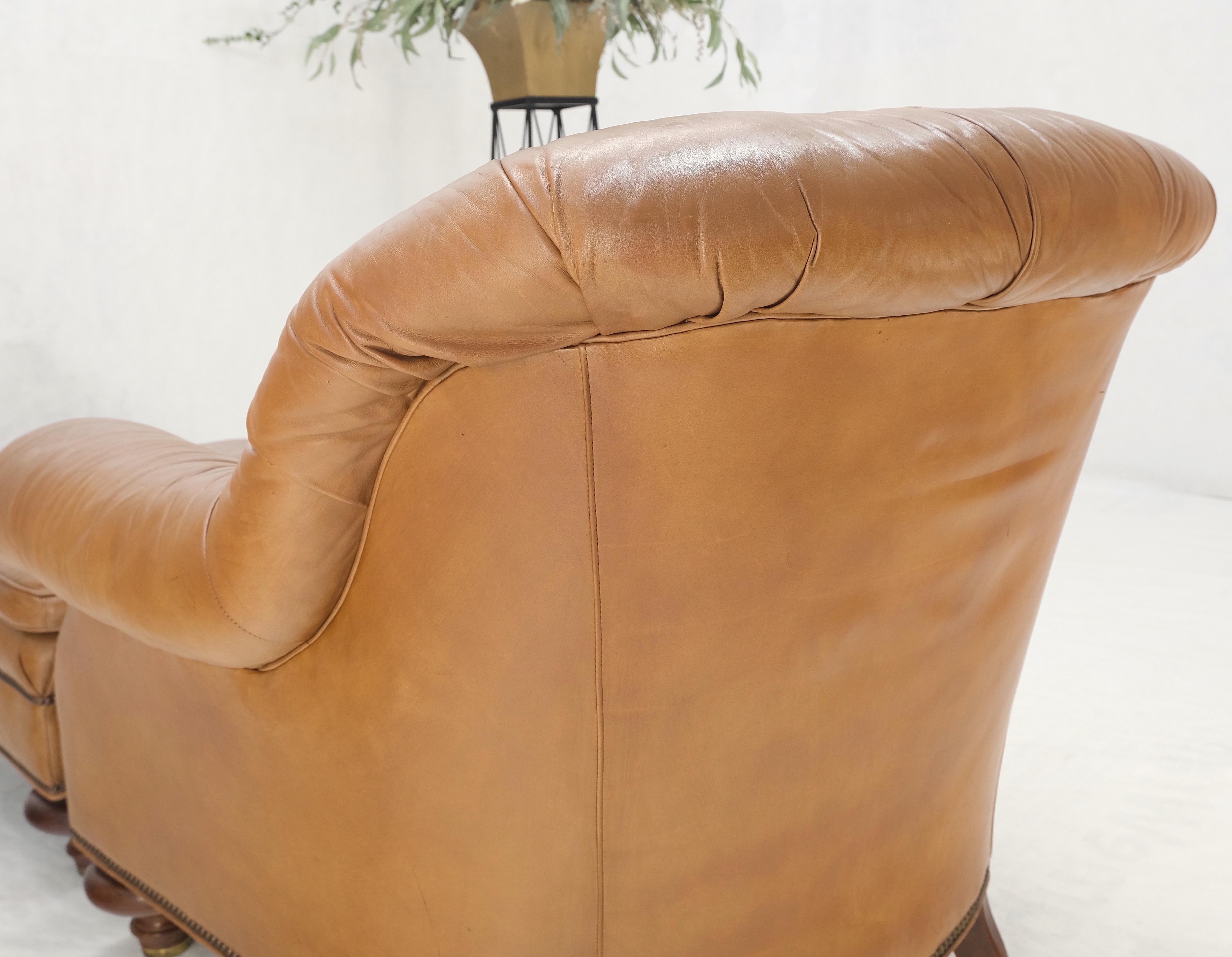 Baker Tan Leather Tufted Back Large Arm Chair w/ Ottoman Pouf Turned Legs MINT! For Sale 9
