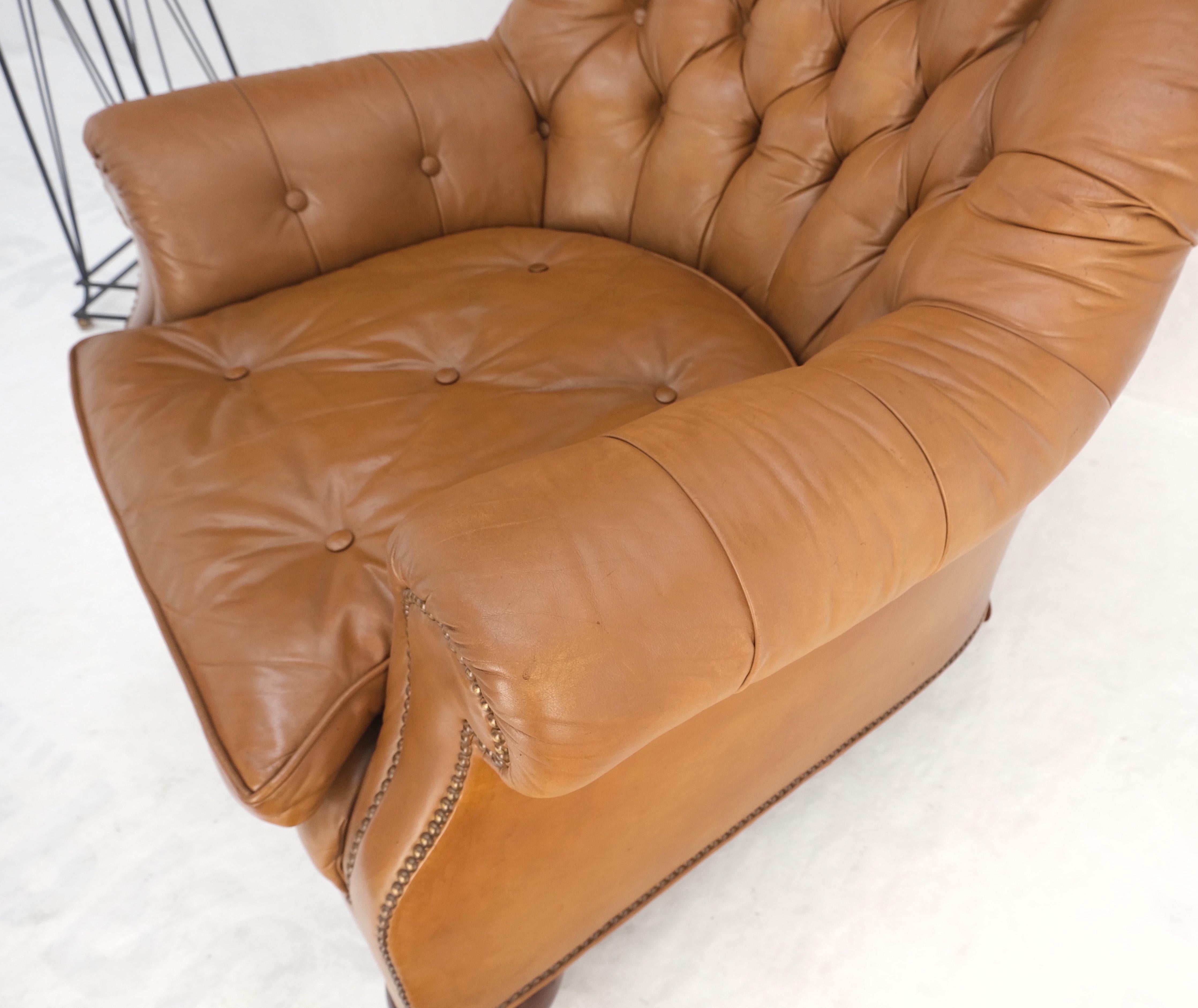 Mid-Century Modern Baker Tan Leather Tufted Back Large Arm Chair w/ Ottoman Pouf Turned Legs MINT! For Sale