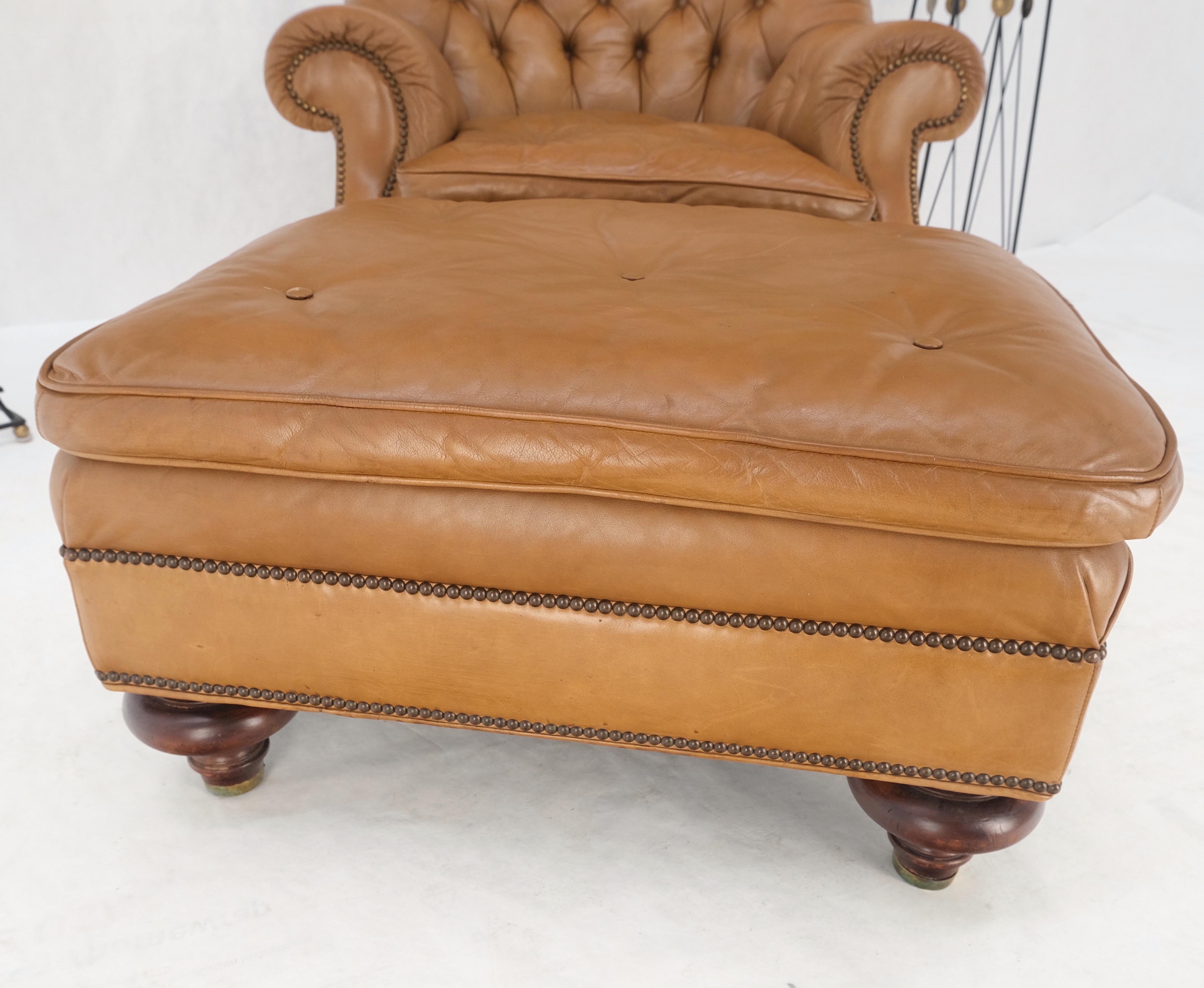 Baker Tan Leather Tufted Back Large Arm Chair w/ Ottoman Pouf Turned Legs MINT! In Good Condition For Sale In Rockaway, NJ