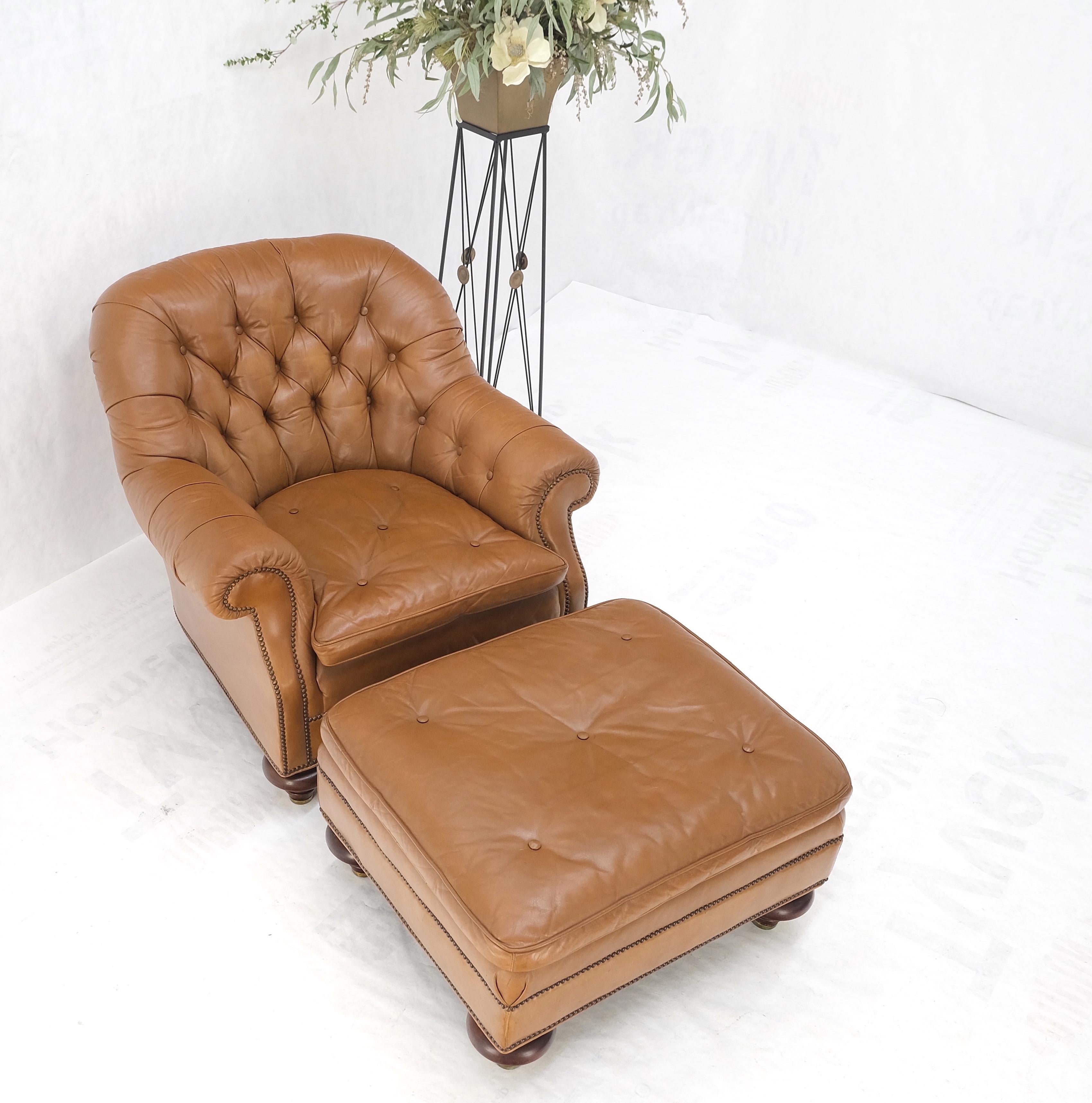 20th Century Baker Tan Leather Tufted Back Large Arm Chair w/ Ottoman Pouf Turned Legs MINT! For Sale