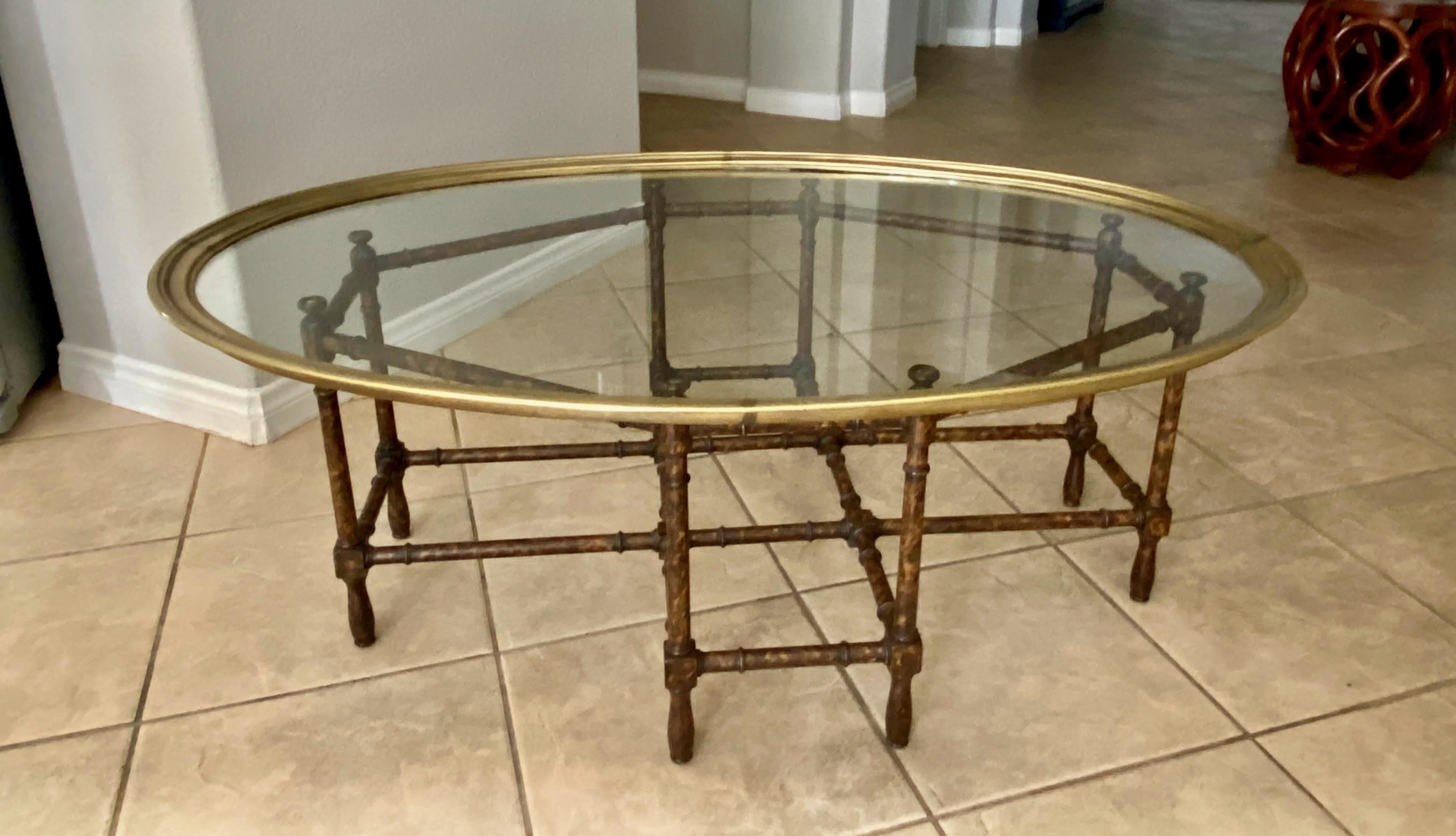 American Baker Tortoise Shell Faux Bamboo Oval Glass Cocktail Coffee Table