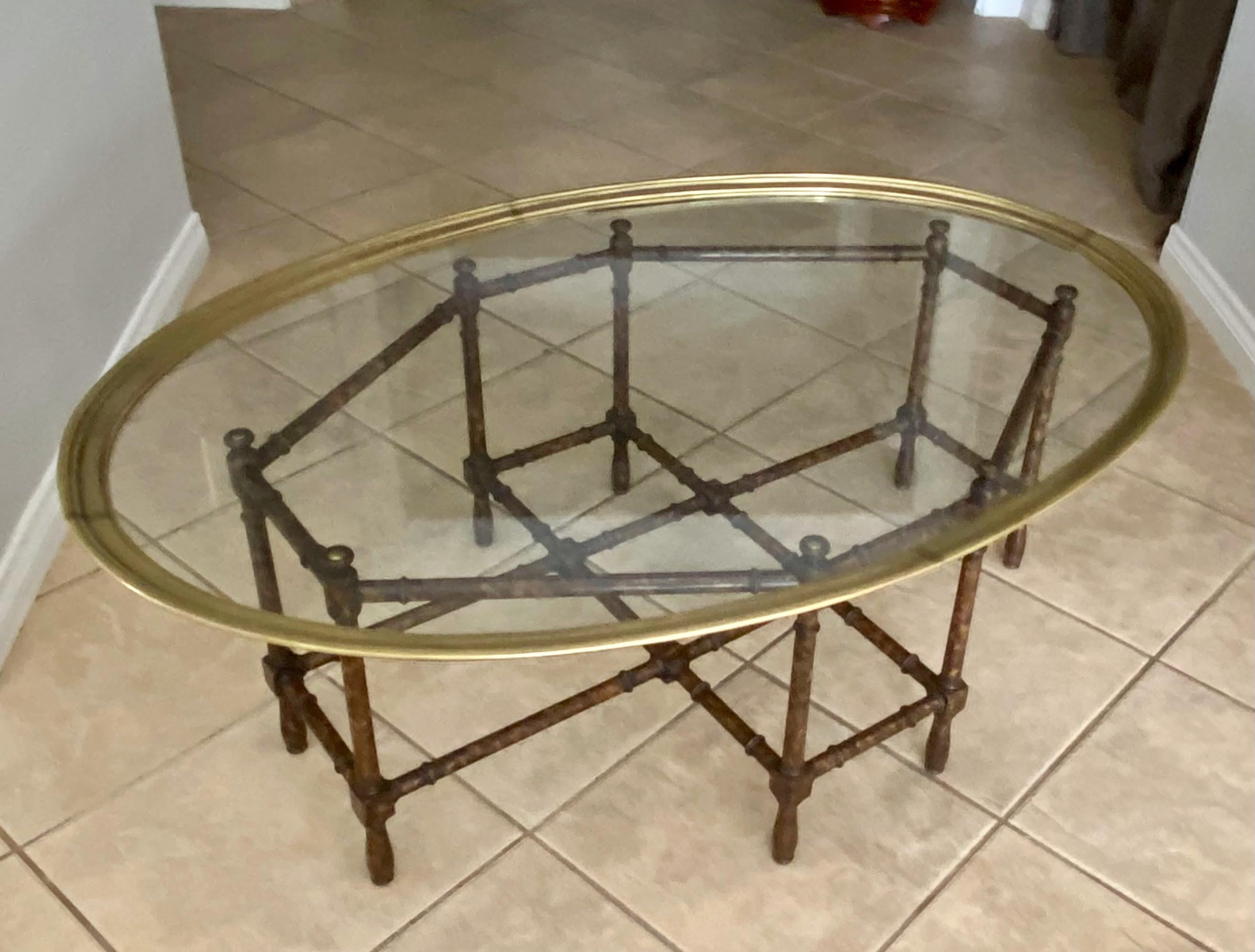 Baker Tortoise Shell Faux Bamboo Oval Glass Cocktail Coffee Table In Good Condition In Palm Springs, CA