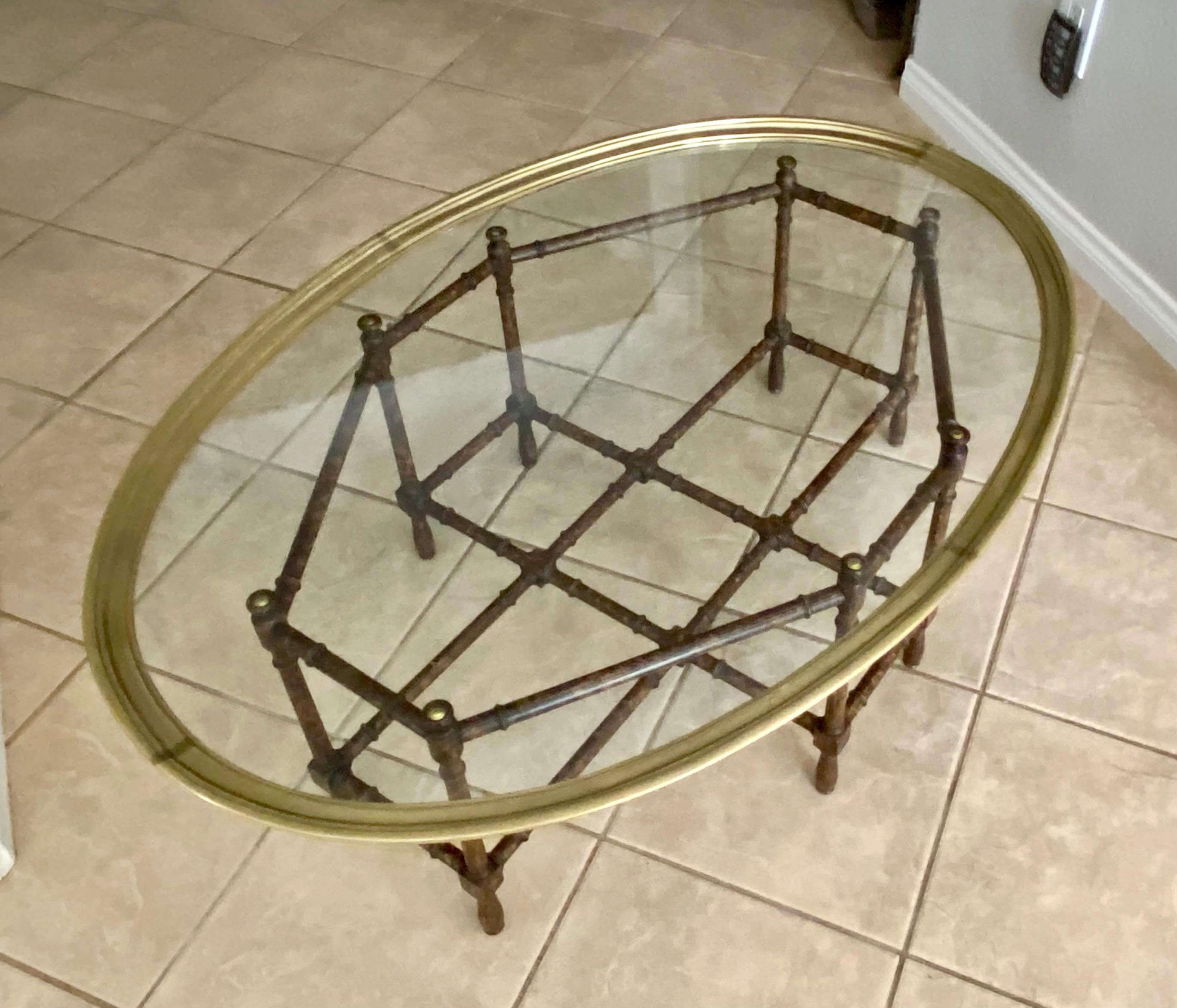 Mid-20th Century Baker Tortoise Shell Faux Bamboo Oval Glass Cocktail Coffee Table