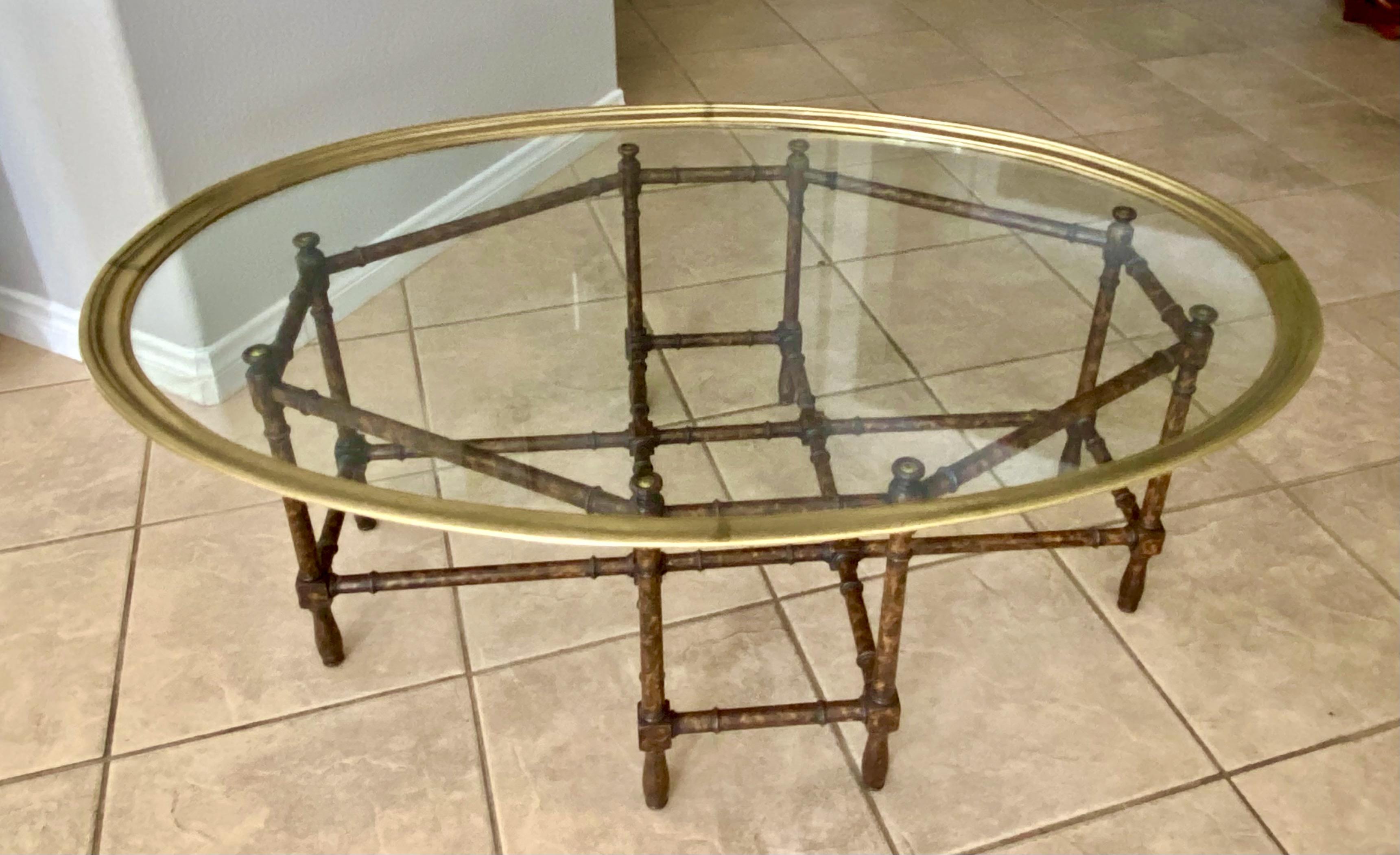 Brass Baker Tortoise Shell Faux Bamboo Oval Glass Cocktail Coffee Table