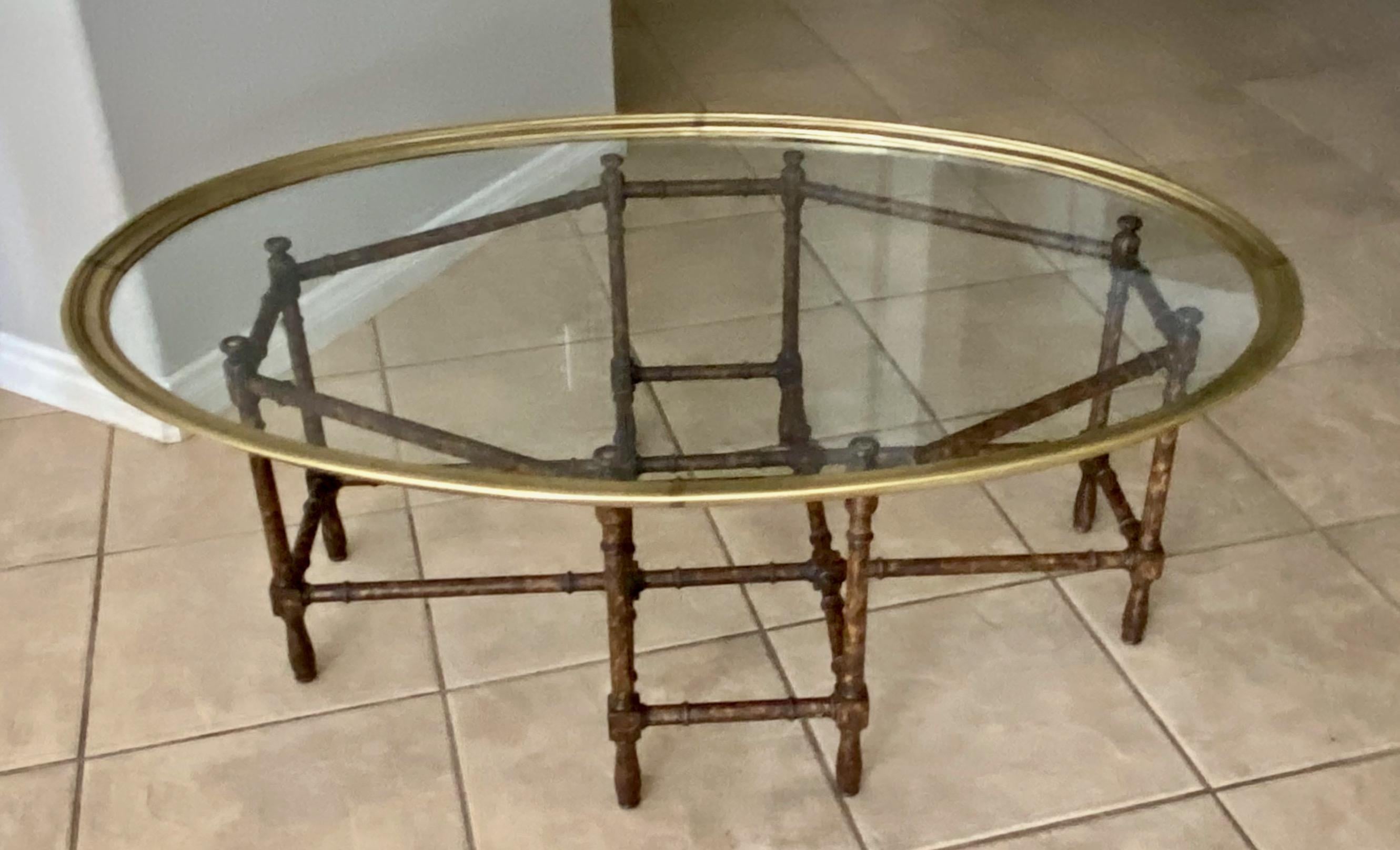 Baker Tortoise Shell Faux Bamboo Oval Glass Cocktail Coffee Table 1