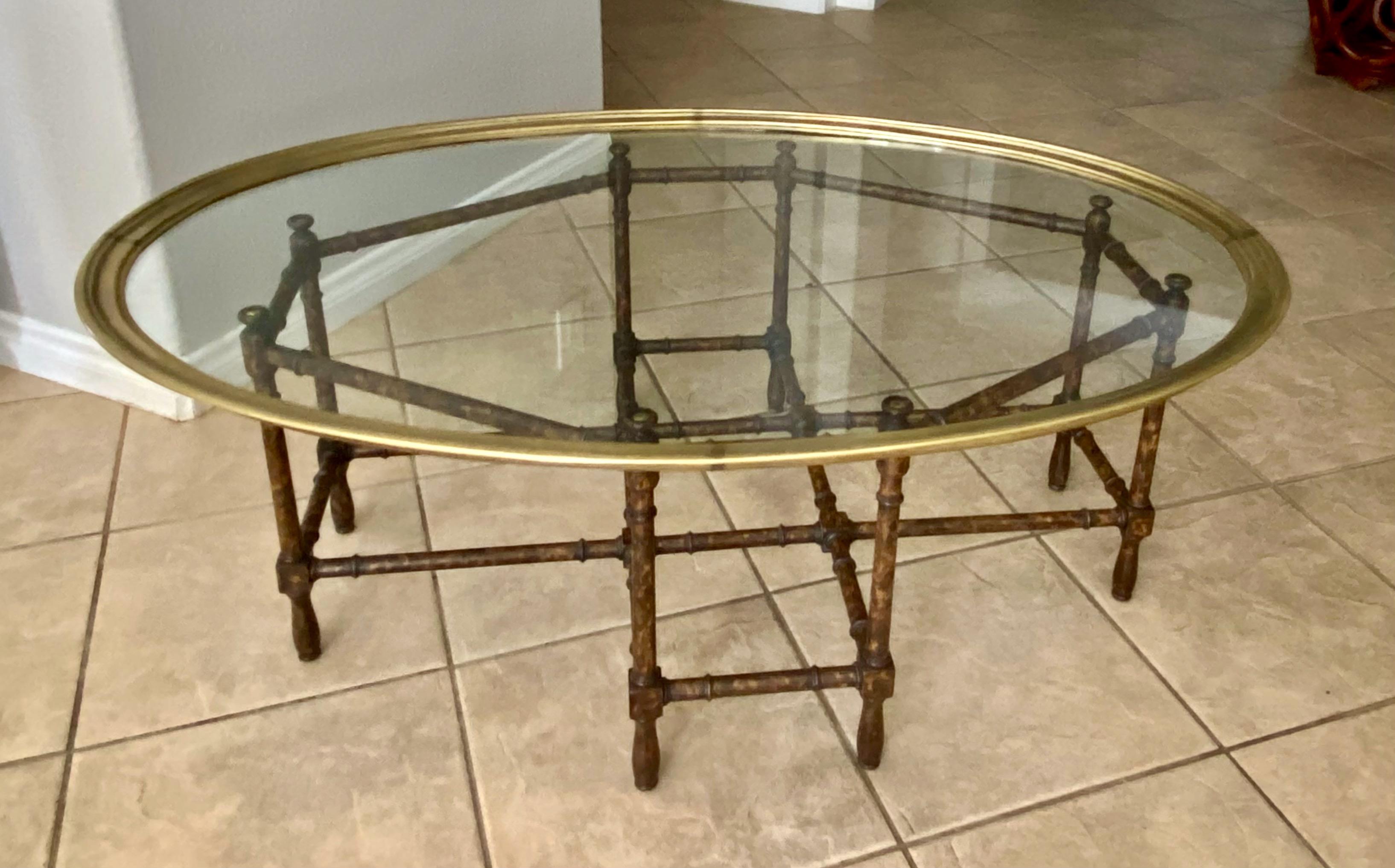 Baker Tortoise Shell Faux Bamboo Oval Glass Cocktail Coffee Table 3