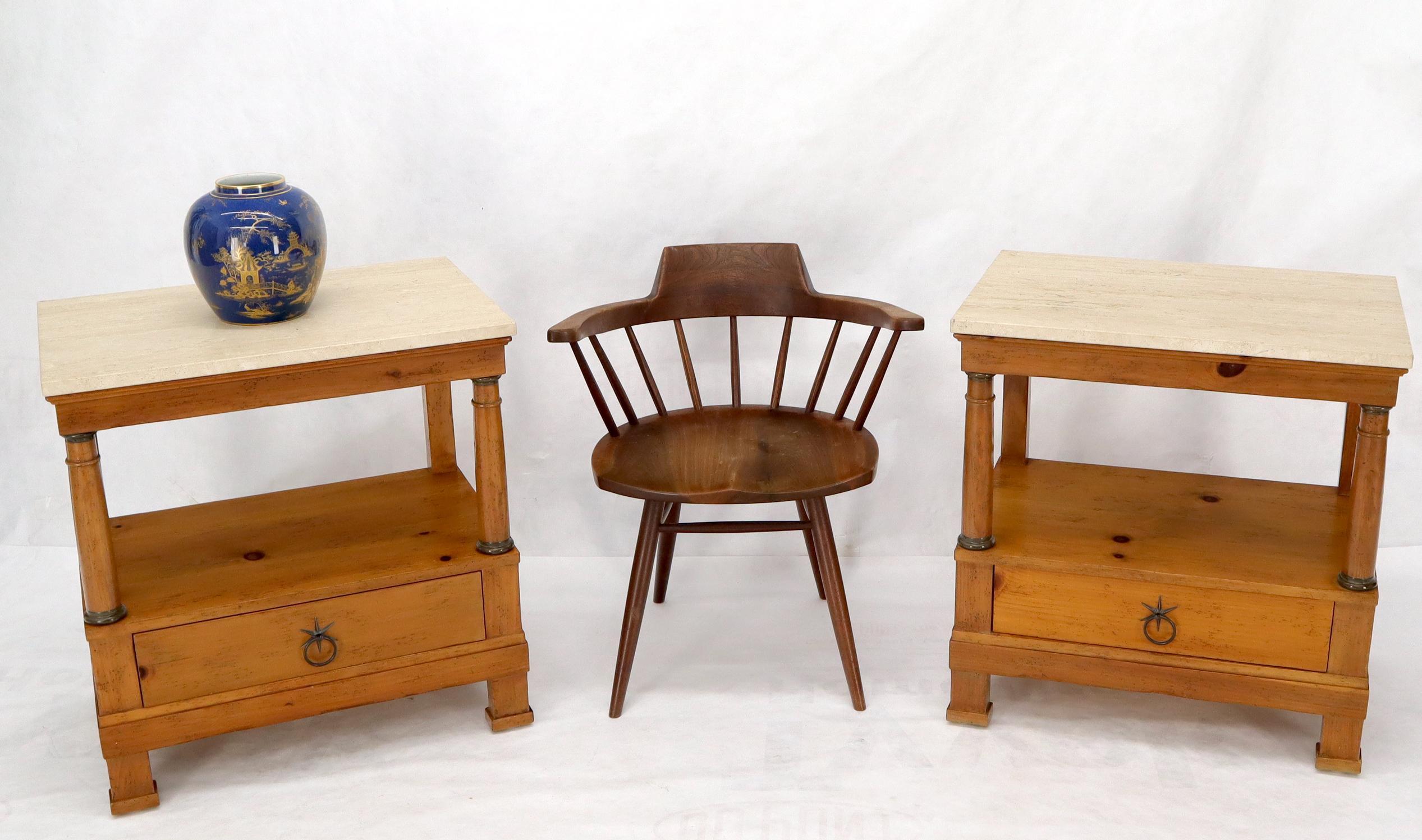Pair of stylish floating on pillars travertine marble top one drawer knotted pine end tables night stands.