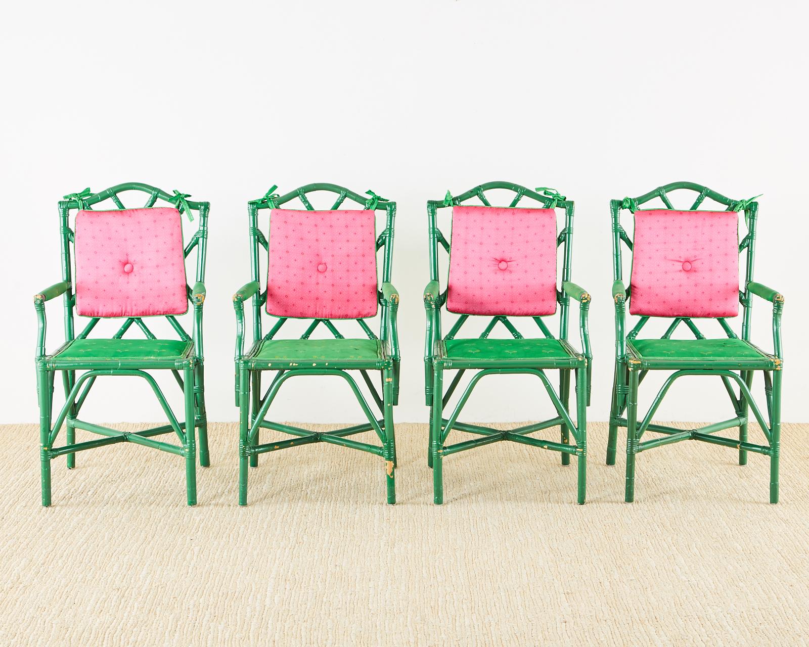 Baker Trompe l'oeil Card Table with Rattan Armchairs In Good Condition In Rio Vista, CA