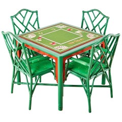 Baker Trompe l'oeil Card Table with Rattan Armchairs