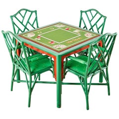 Baker Trompe l'oeil Card Table with Rattan Armchairs