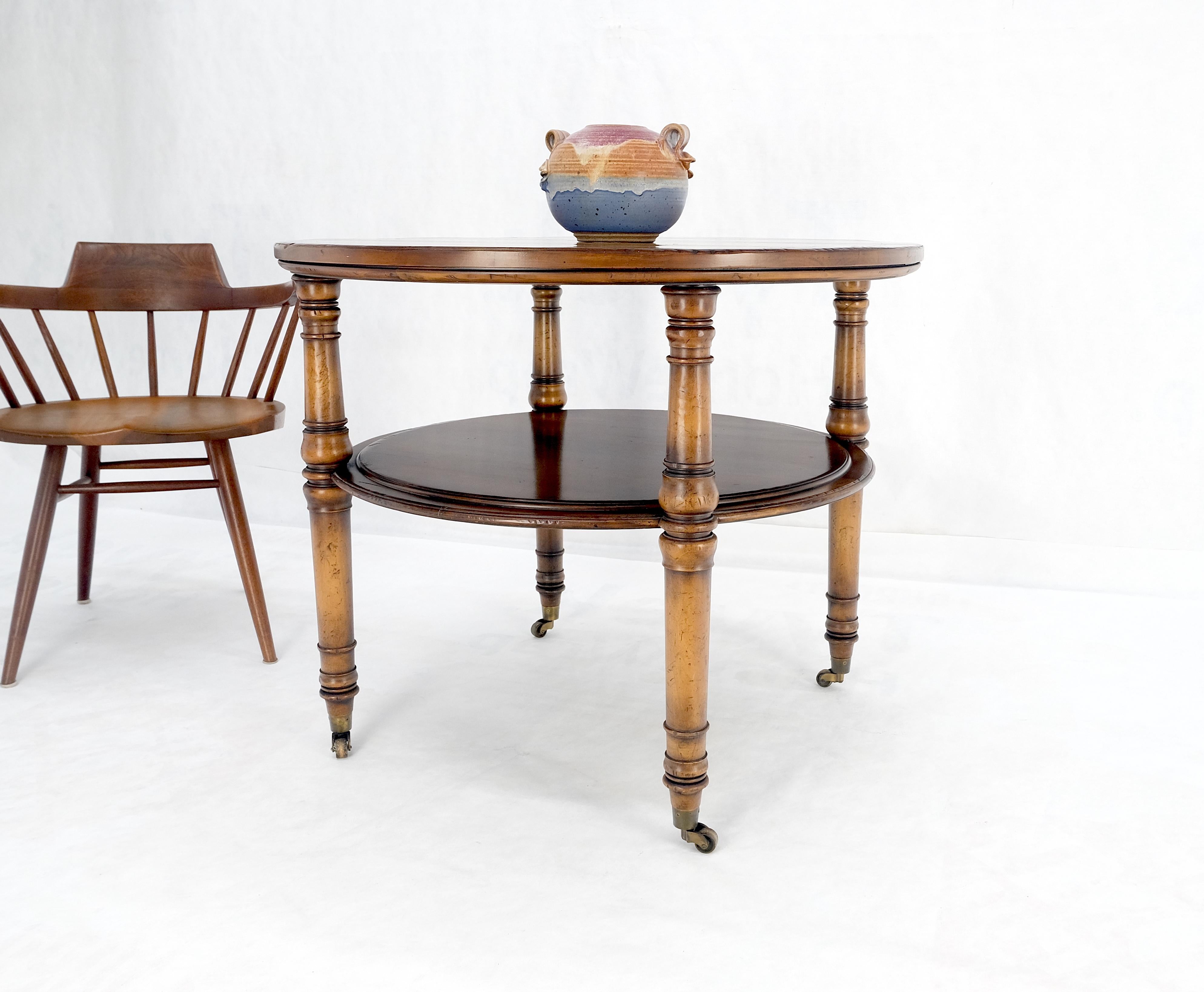 Brass Baker Turned Legs Round Two Tier Occasional Center Serving Table Stand MINT For Sale