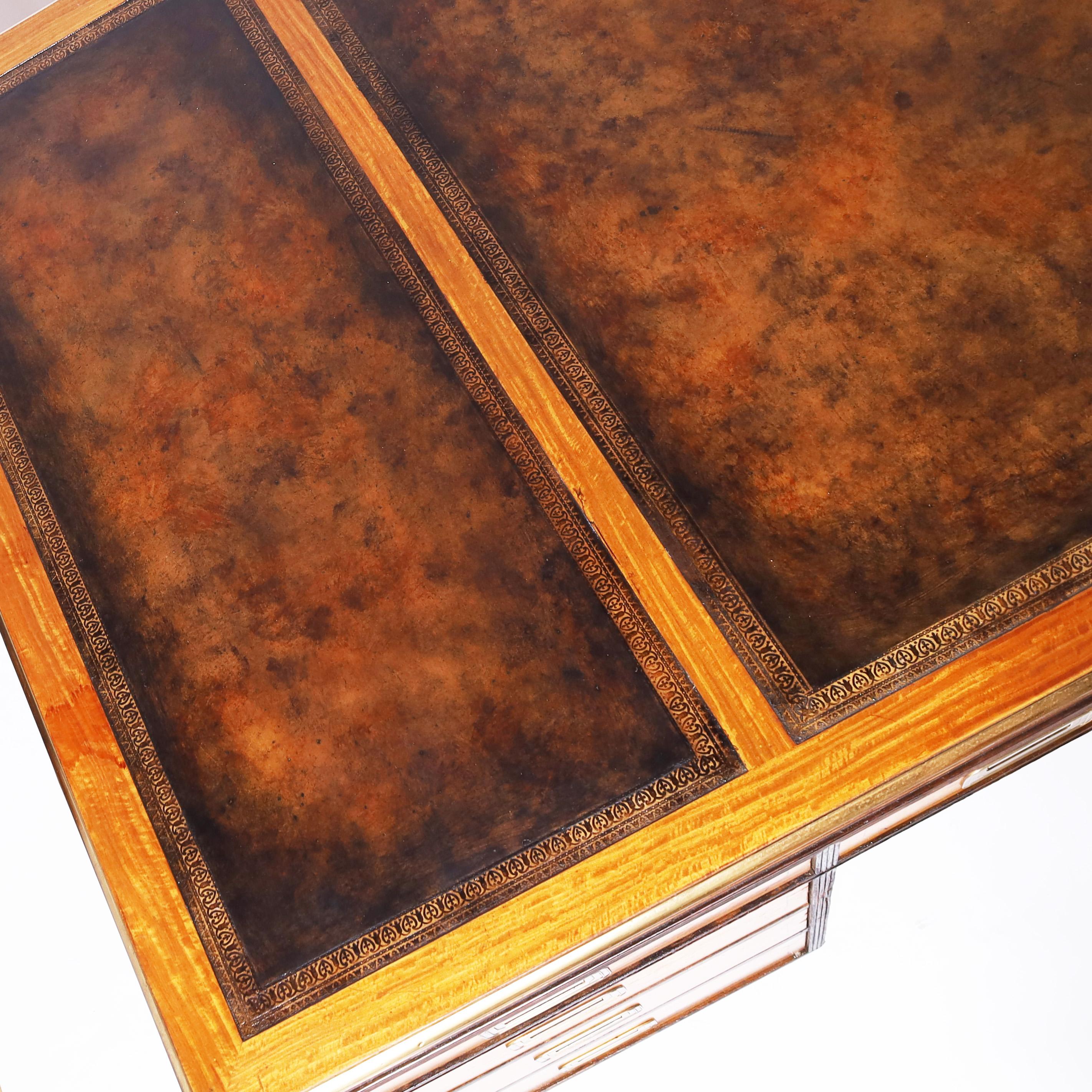 Hand-Crafted Baker Vintage Campaign Style Leather Top Partners Desk
