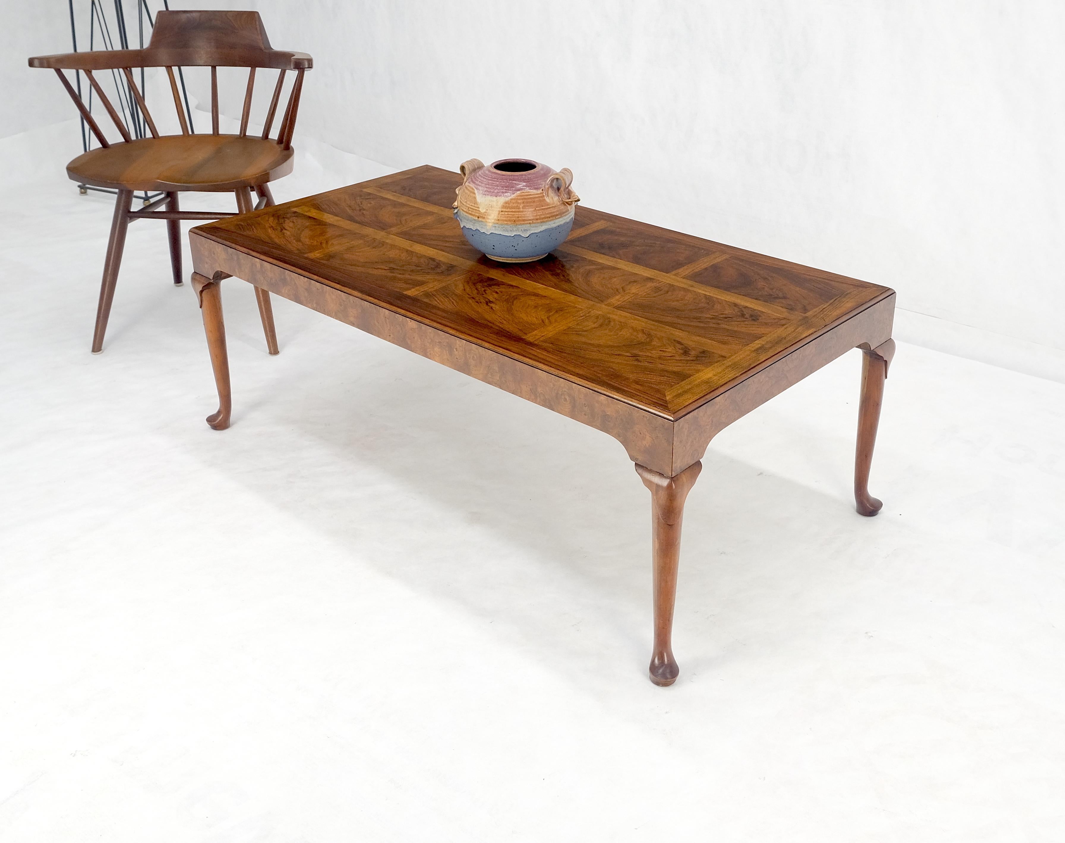20th Century Baker Vivid Pattern Walnut Top Burl Queen An Style Caved Legs Coffee Table MINT! For Sale